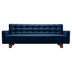 Canapé contemporain Adoni en laine bleu foncé avec pieds en noyer