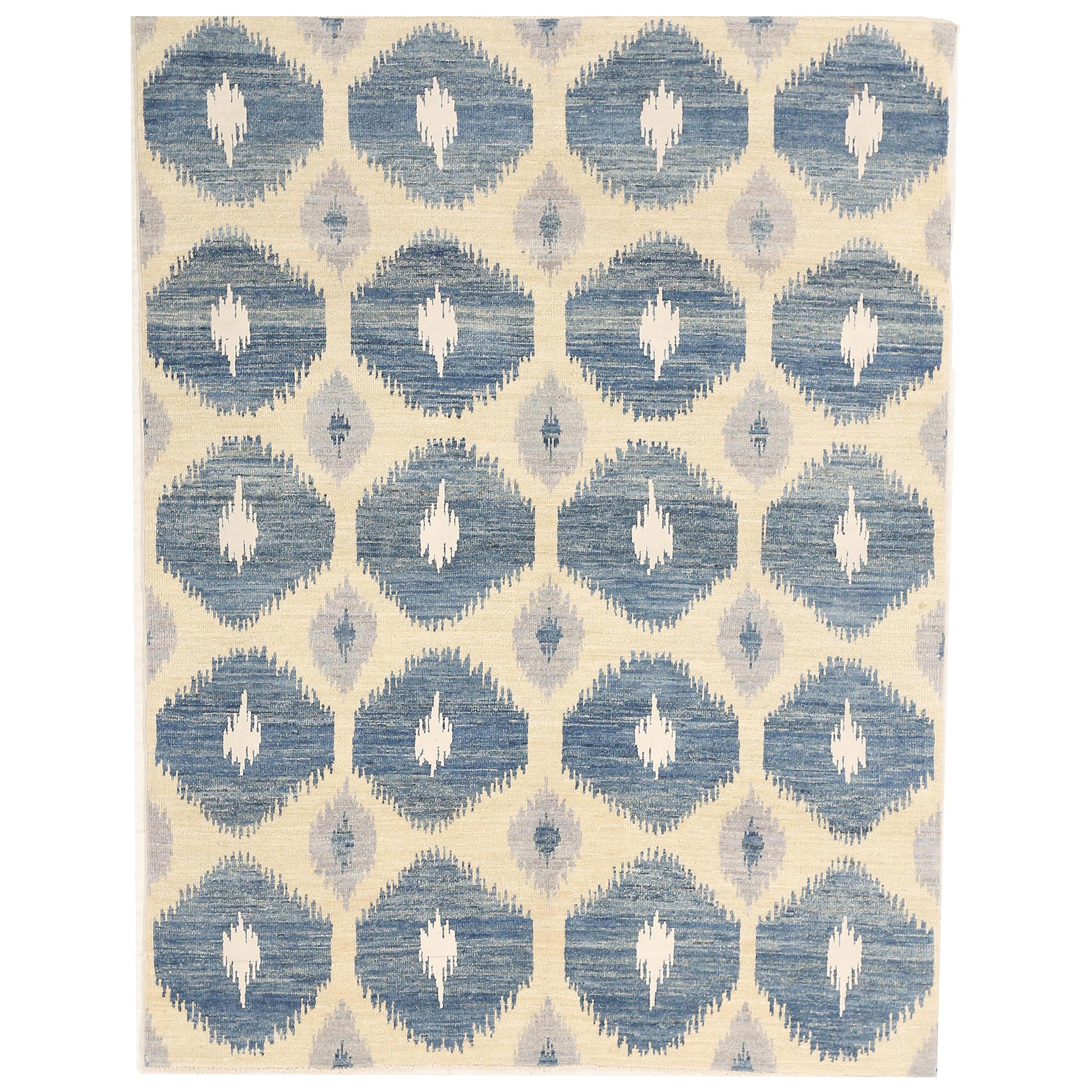 Contemporary Afghan Ikat Rug with White and Navy Hexagon Patterns