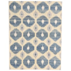 Contemporary Afghan Ikat Rug with White and Navy Hexagon Patterns