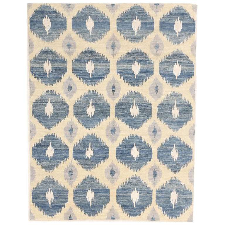 Contemporary Afghan Ikat Rug With White, Navy Ikat Rug