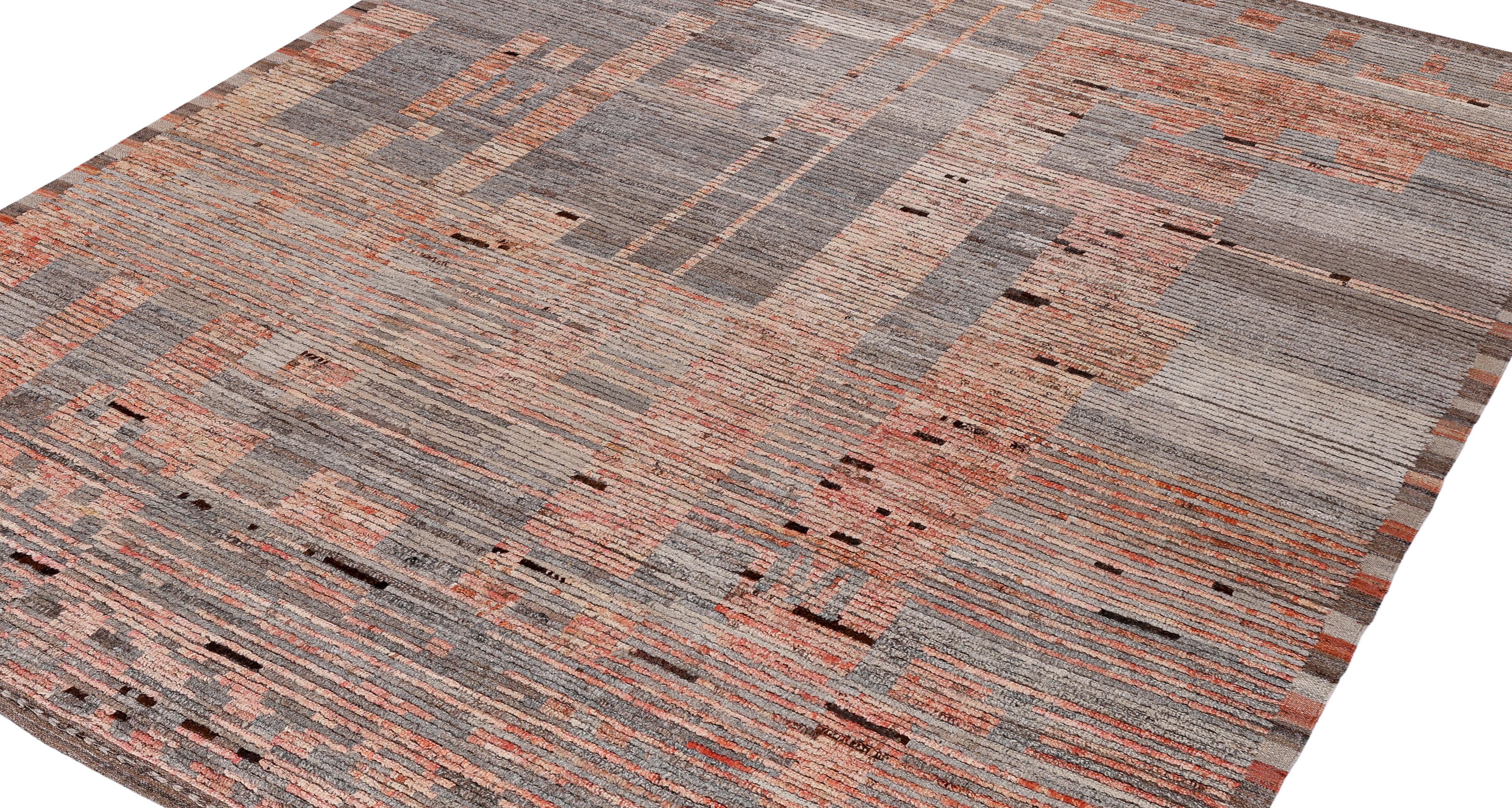 This contemporary Afghan rug is handwoven with exceptional craftsmanship, using hand-spun wool and naturally dyed with eco-friendly vegetable pigments. Its design embraces a modern minimalist aesthetic while maintaining the authenticity of