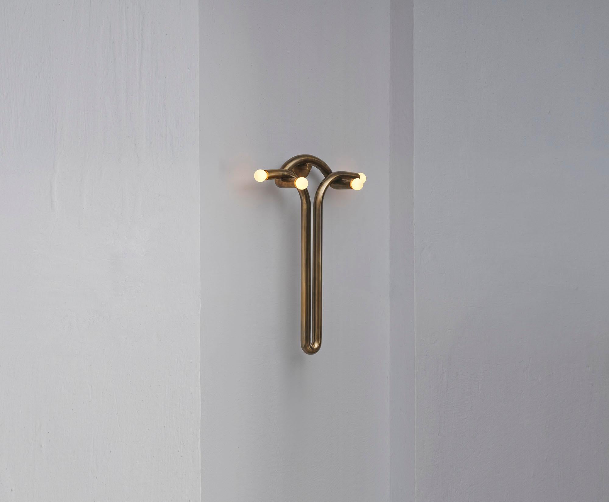 Contemporary Aged Brass Wall Sconce, Goddess Sconce by Paul Matter

The Goddess Sconce explores the relationship between two interlocked forms in perfect union and balance . A study of form and function that evokes the grace and strength of the