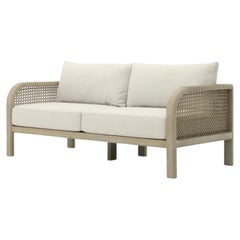 Small Contemporary Aged Teak and Beige Rope Outdoor Sofa