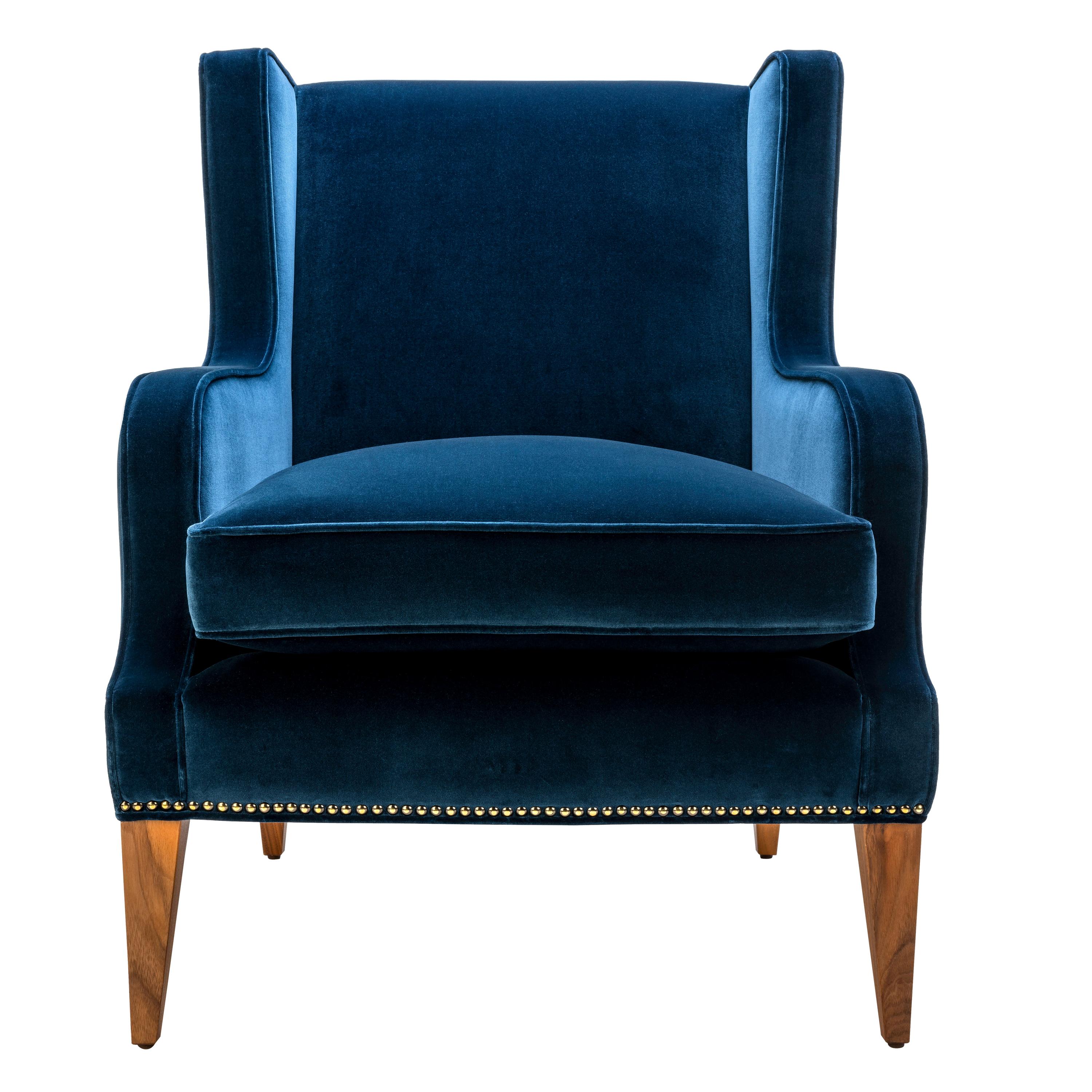 Contemporary Alae Lounge Chair in Velvet with Decorative Nails and Walnut Legs