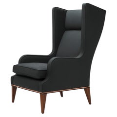 Contemporary Alae Wing Chair in Charcoal Wool with Copper Nails and Walnut Legs