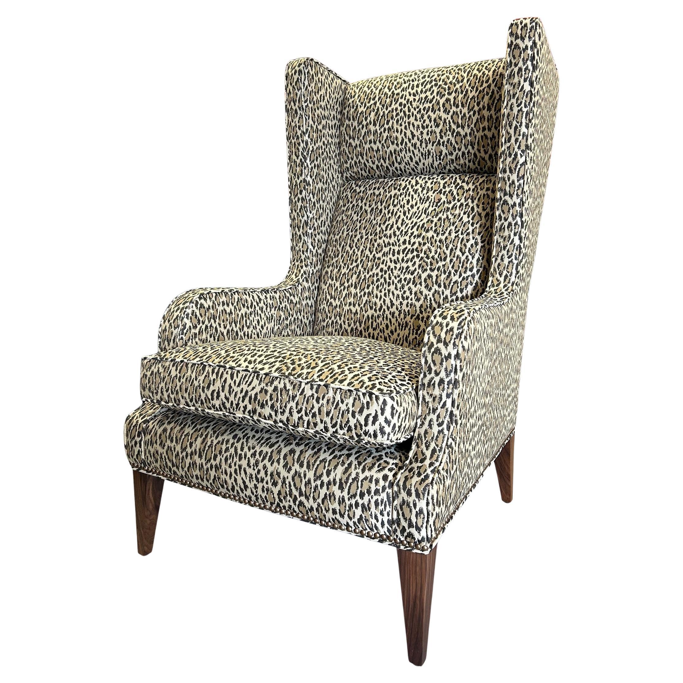 Contemporary Alae Wing Chair in House of Hackney leopard spot with Walnut Legs