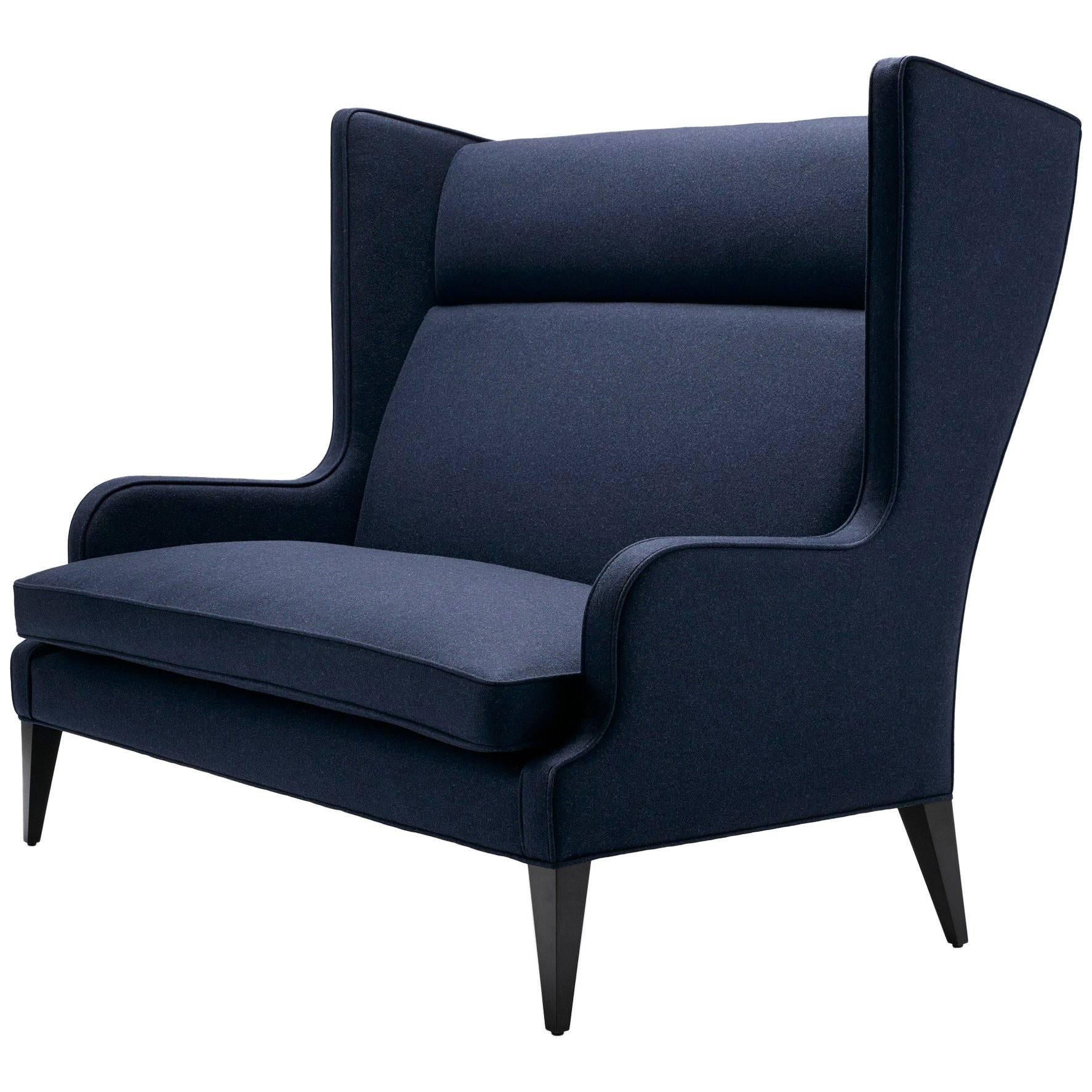 Contemporary Alae Wing Sofa in Arthur's Seat Navy Wool with Black Walnut Legs