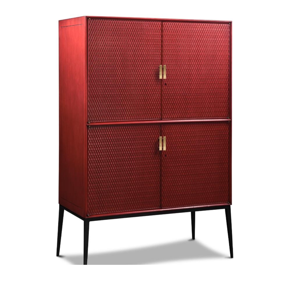 This Armoire has a contemporary style with a smooth texture on the doors. It’s metal base has simple straight lines that make perfect combination with the cabinet, it has 4 doors, and can be used as a Bar. It´s a strong statement piece that can be a