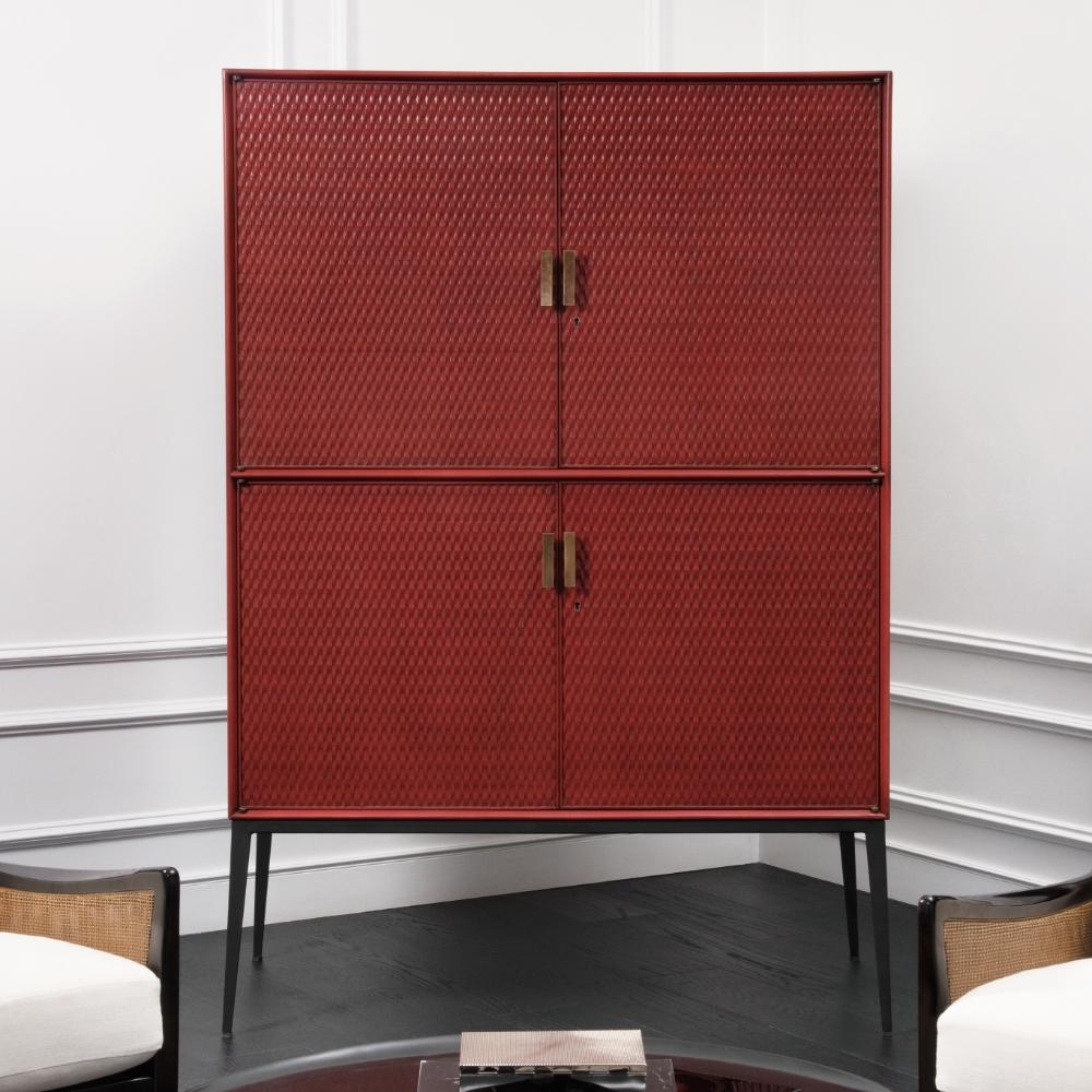 Mexican Contemporary Alori Bar with Smooth Texture on the Doors and Metal Base For Sale