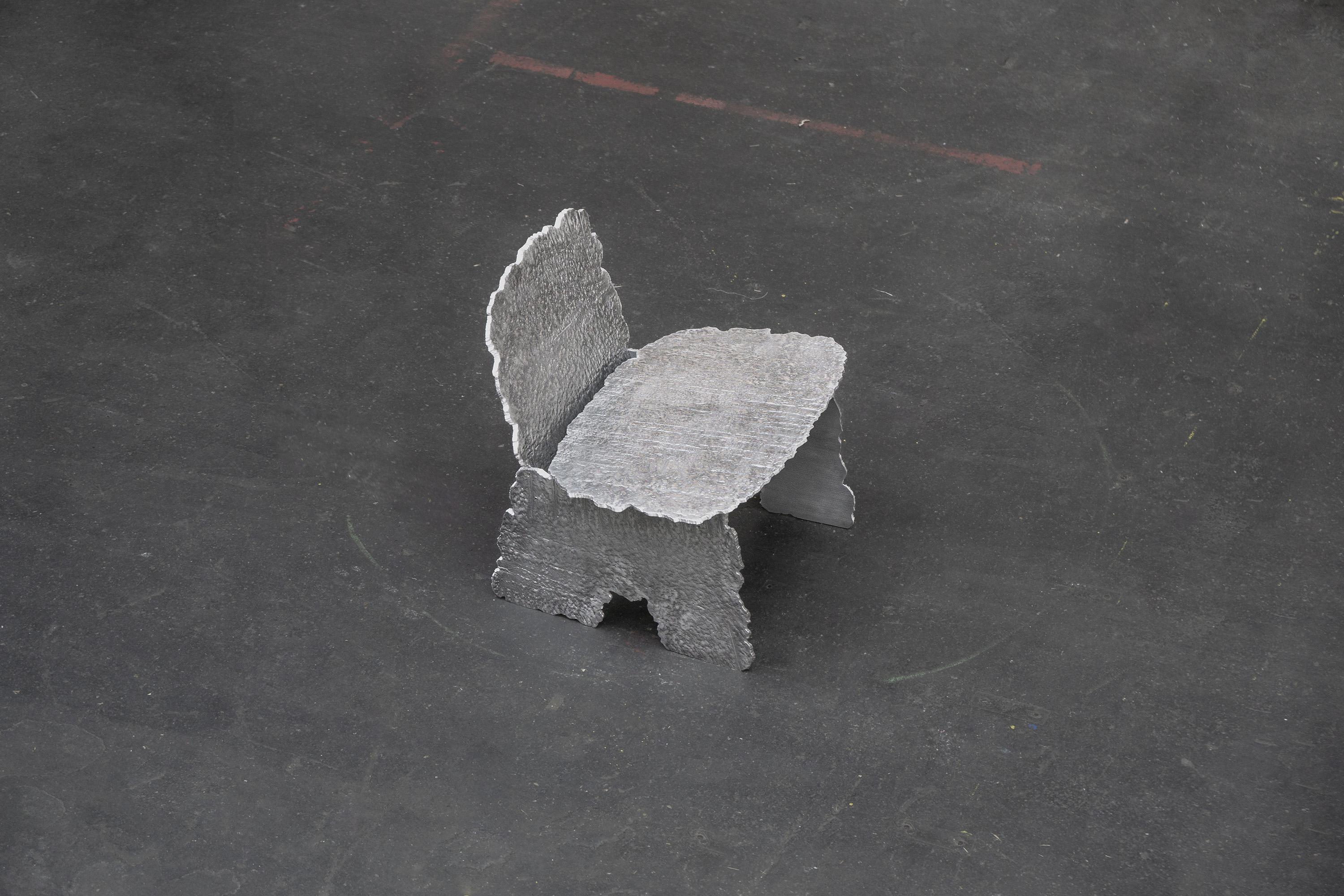 This collection is made with the offcut surface skin—colloquially called “the crust”—of giant aluminium blocks coming from an industrial smelters. Weighing over 25 tonnes, the smelter's blocks are initially clad in an undulating texture that is