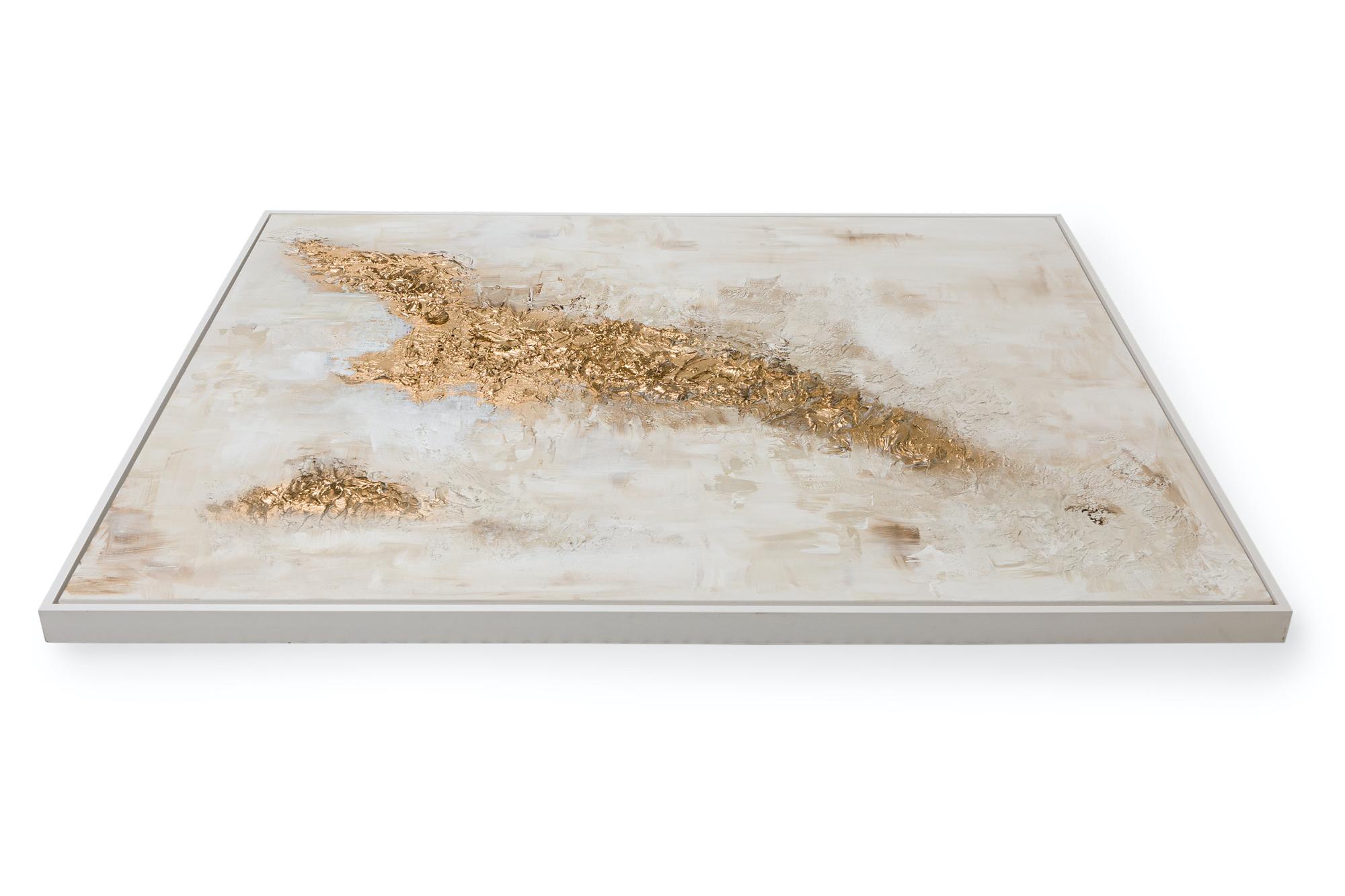 Cuadro americano contemporáneo abstracto de técnica mixta con formas tridimensionales texturizadas pintadas en dorado sobre marrón con toques beige sobre lienzo rectangular tensado en un bastidor de madera blanco. (BARBARA KISKOVSKI)

Estado: