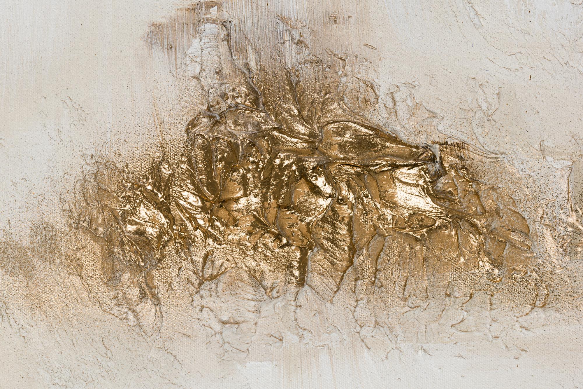 Pintura Americana Contemporánea Abstracta en Técnica Mixta Textura Dorada sobre Lienzo Pintado a mano en venta