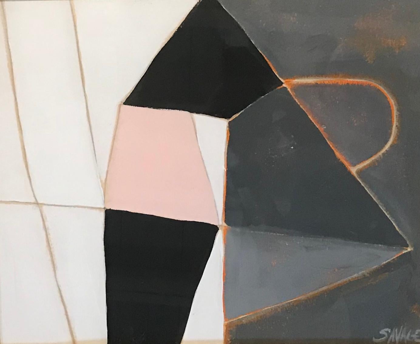 Abstract gouache painting by American artist Shawn Savage.
White, grey, pink and black.
Vintage gold gilt wood frame.
Makes a nice grouping with P1172, P1173.