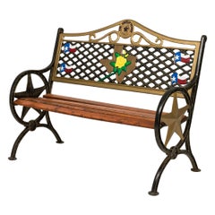 Contemporary American Cast Iron and Wood Polychromed Texas Motif Bench