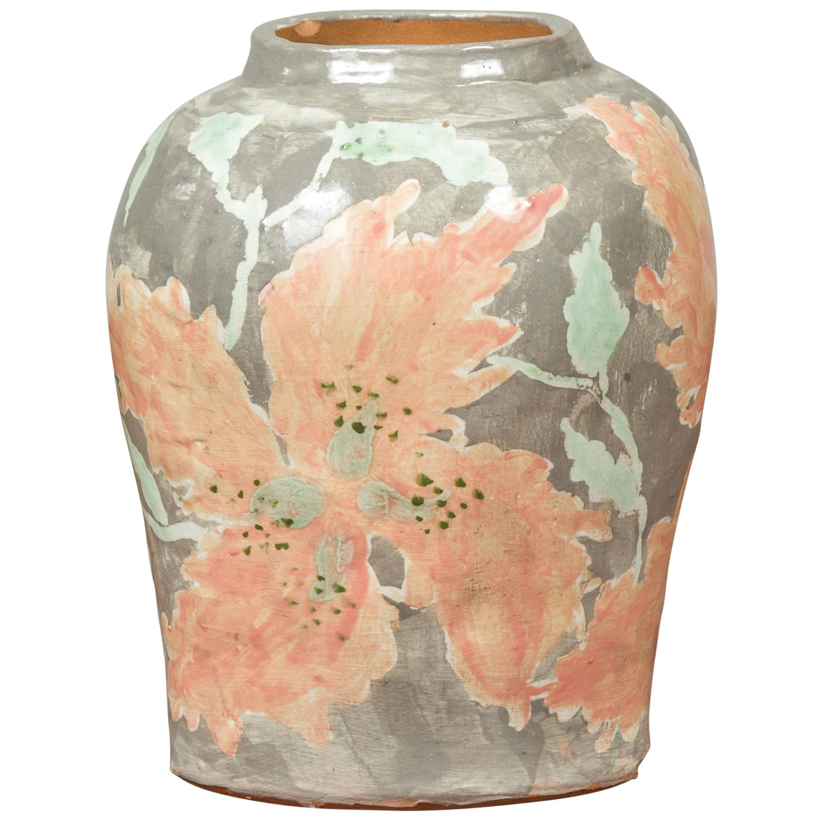 Contemporary American Collection Ceramic Vase with Large Orange Flowers