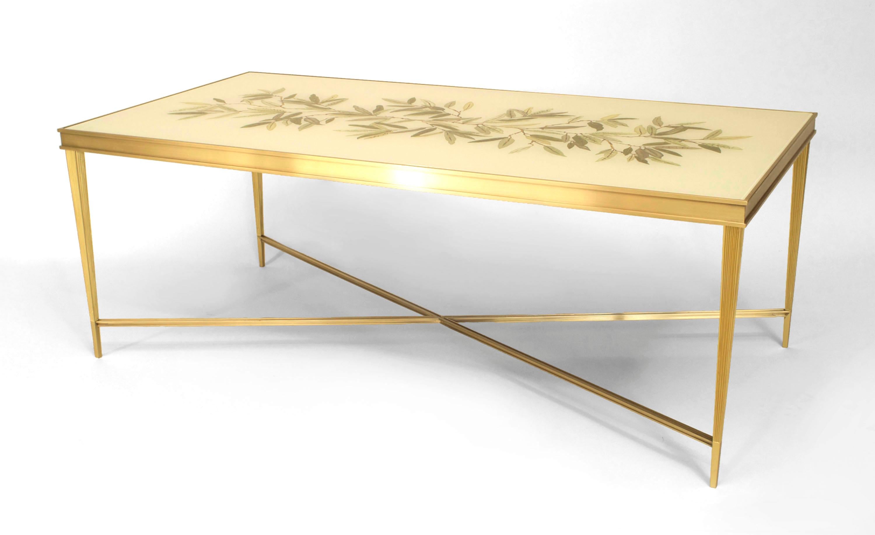 French Louis XVI-style (20th Century) bronze striated coffee table with a floral √©glomis√© glass top (painted by MIRIAM ELLNER)
