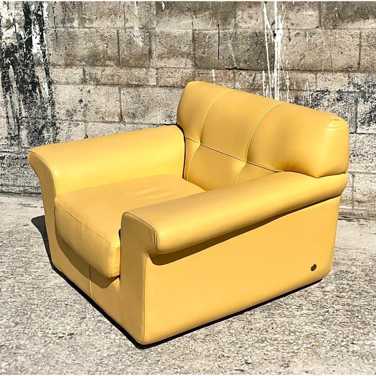 Contemporary American Leather Yellow Leather Swivel Lounge Chair For