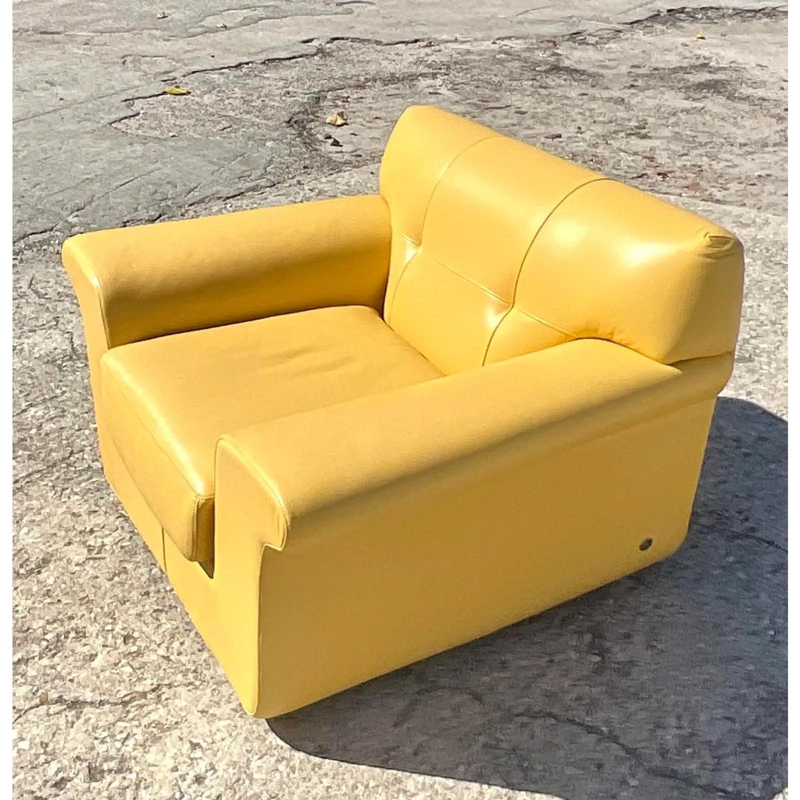 20th Century Contemporary American Leather Yellow Leather Swivel Lounge Chair
