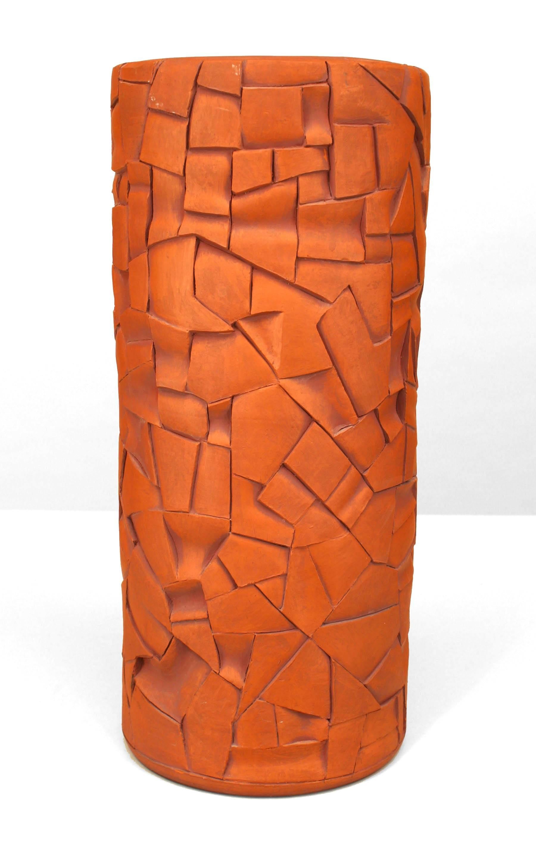 American Post-War Design cylindrical terra-cotta vase with geometric patter of carved relief (by ROBERT BENTLEY)
