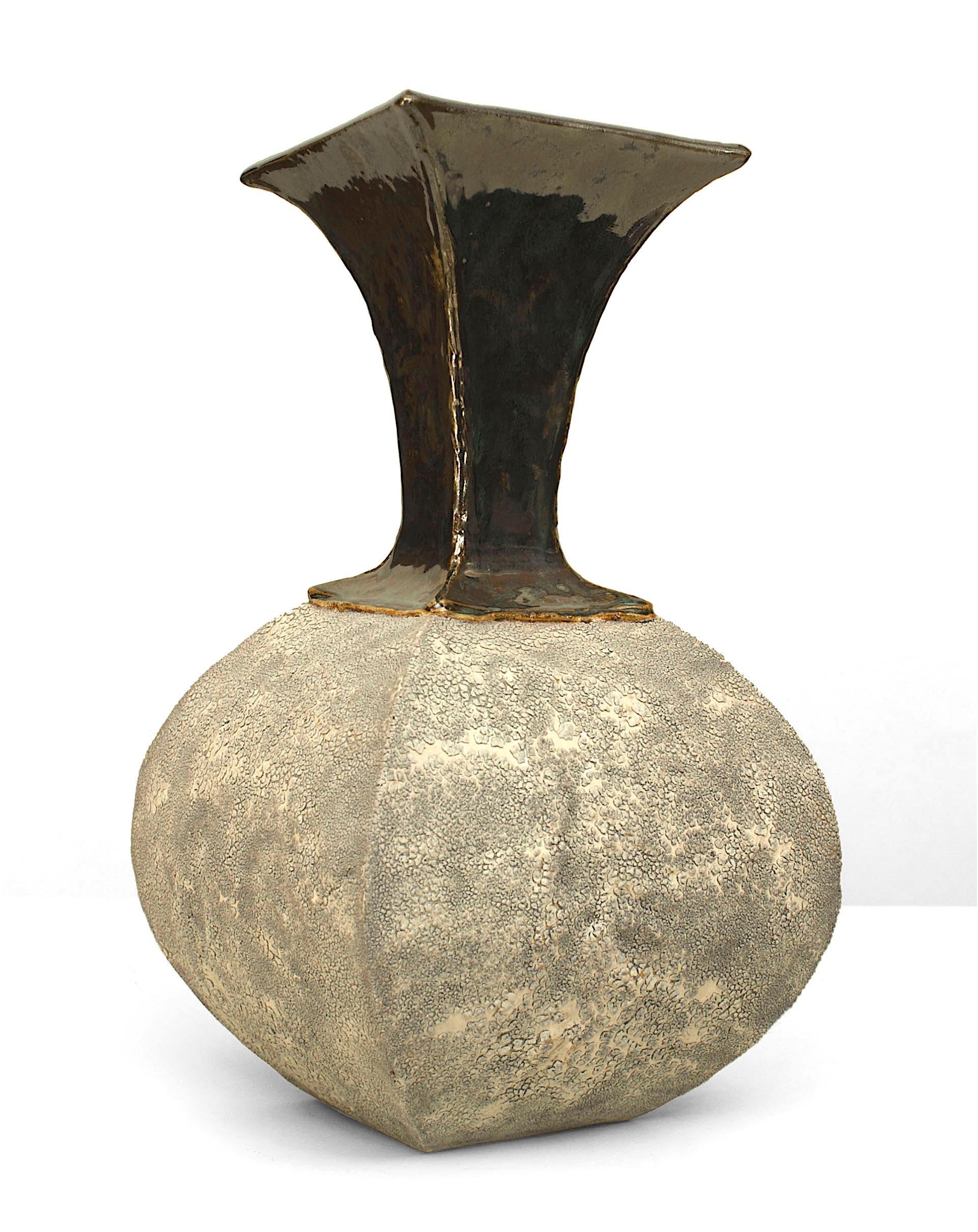 American Post-War Design grey and white textured bulbous square base vase with a glazed tapered and flared neck (signed: GARY DI PASQUALE)
