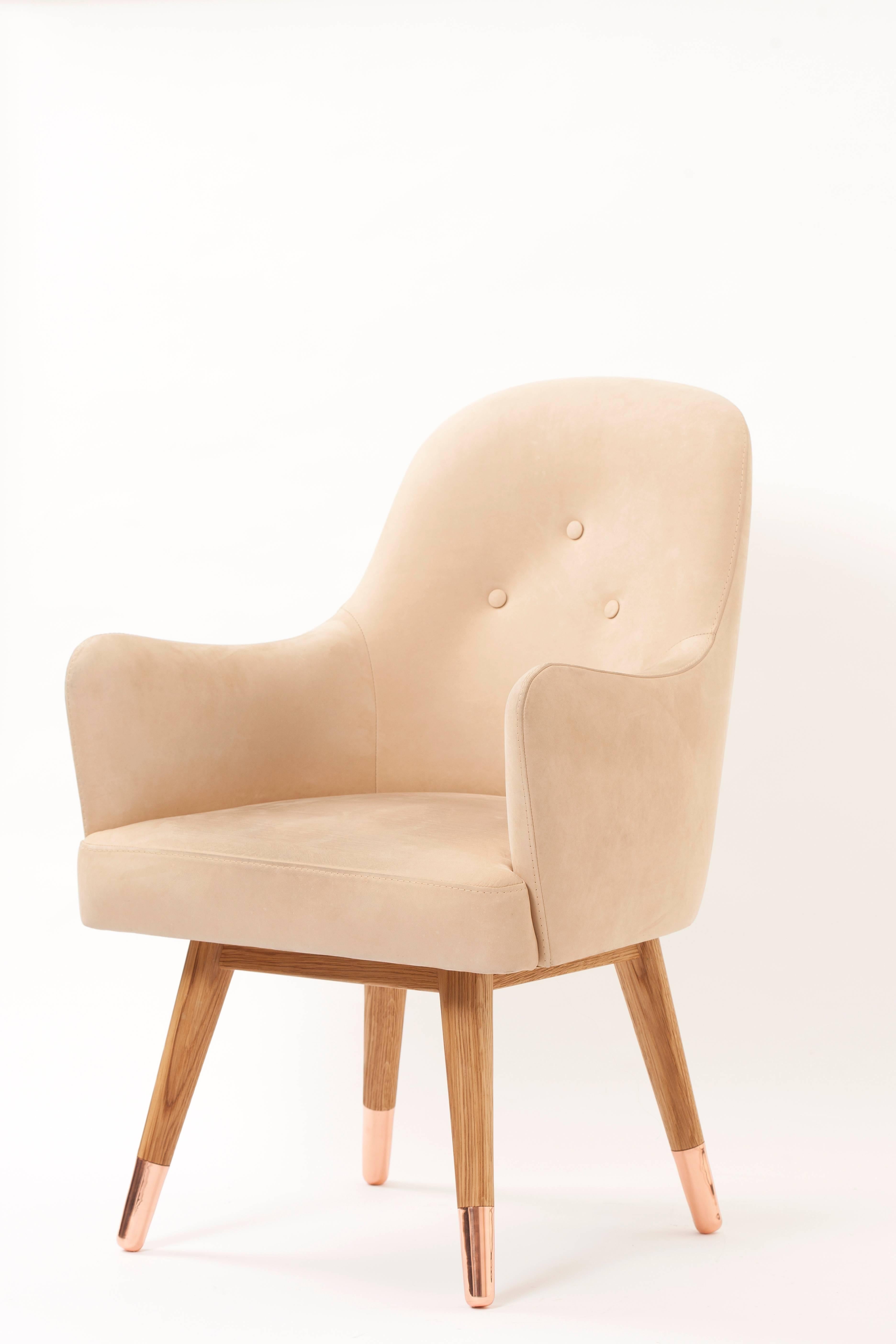 Turkish Contemporary American White Oak Dandy Chair with Beige Suede Leather and Copper For Sale