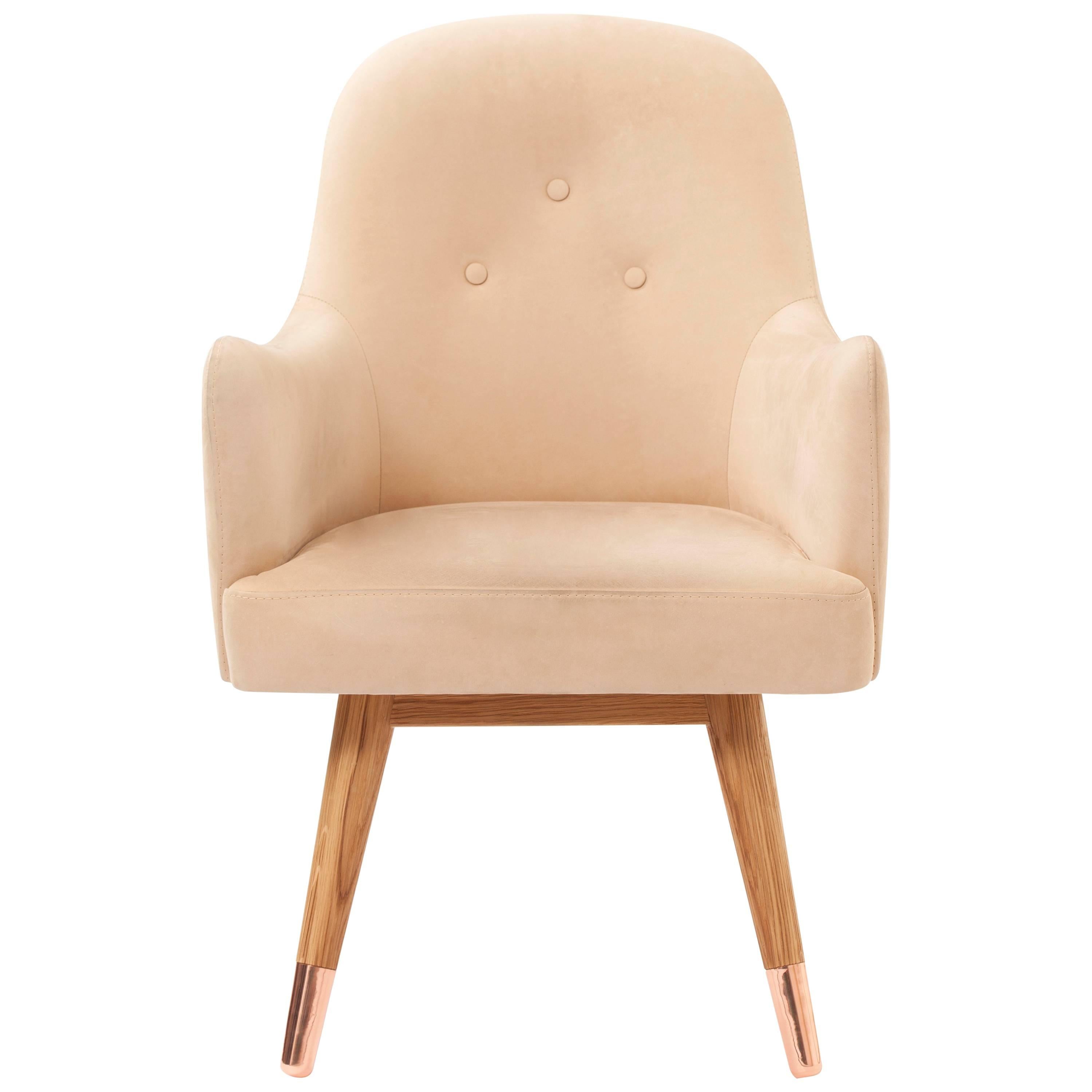 Contemporary American White Oak Dandy Chair with Beige Suede Leather and Copper For Sale