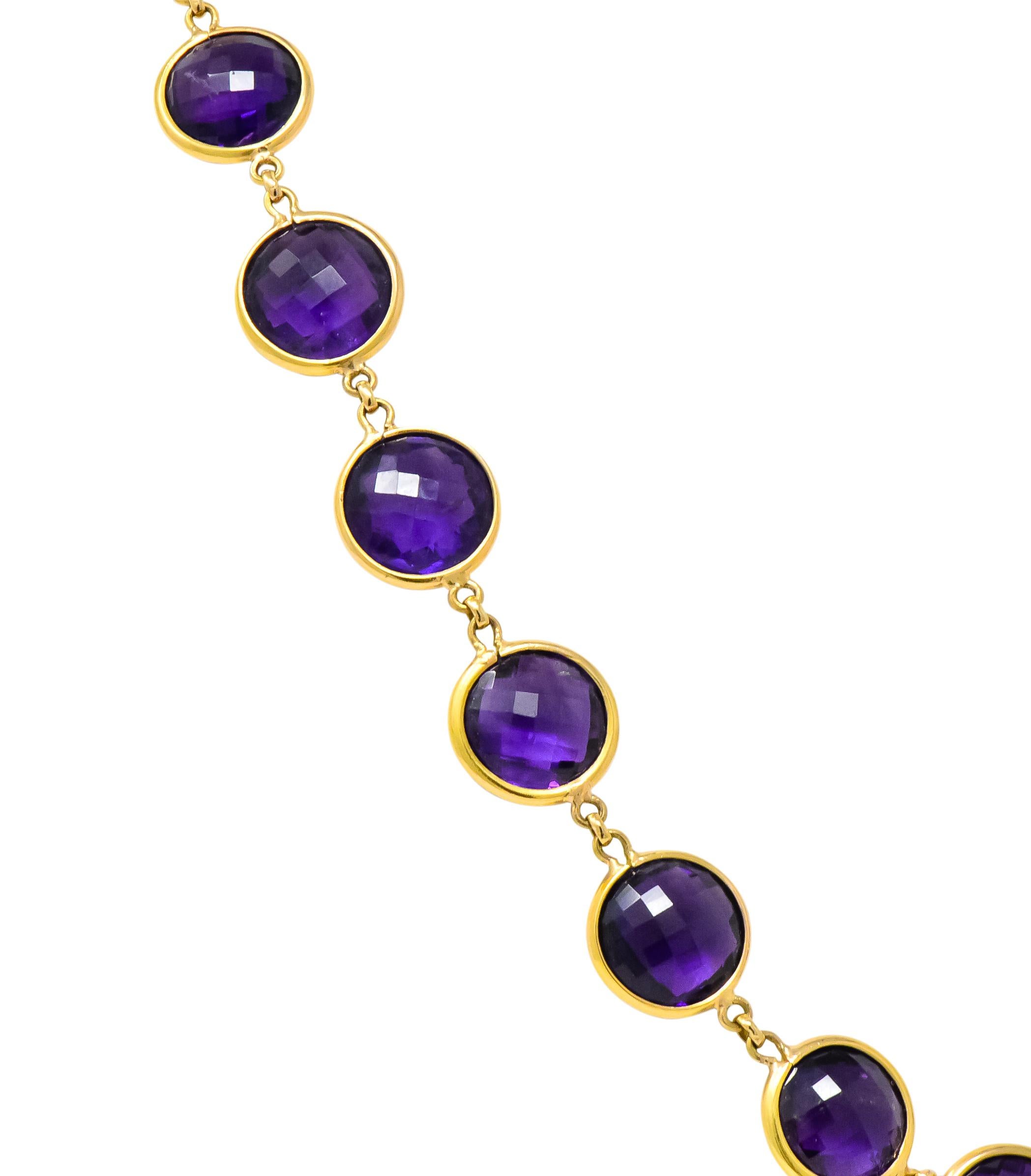 With forty-eight round double cabochon checkerboard cut amethysts 

Measuring approximately 12.0 mm

Vibrant royal purple, and very well matched 

Each bezel set and completed by a lobster style clasp 

Stamped 18K

Length: 37 1/4 Inches

Width: