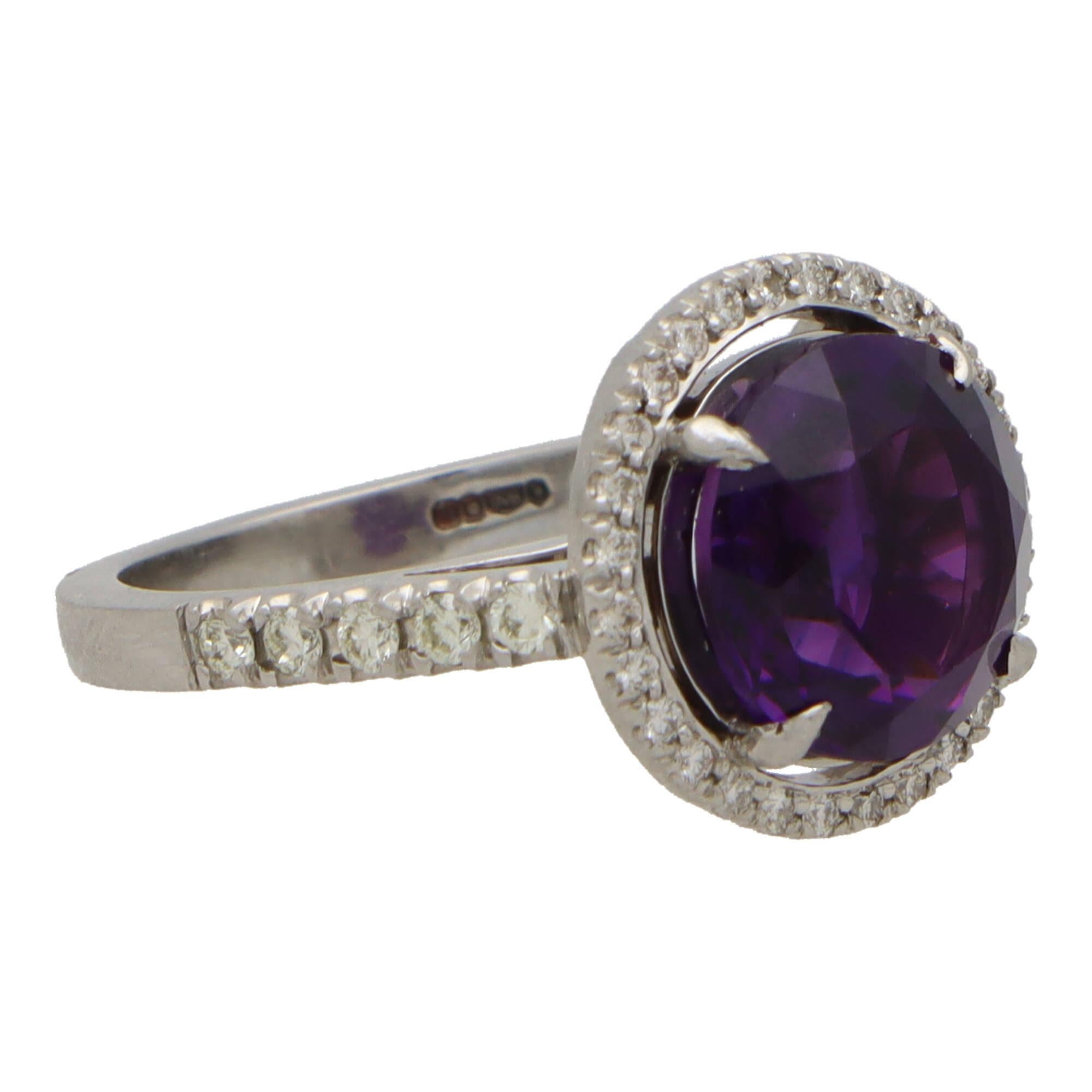Modern Contemporary Amethyst and Diamond Halo Ring Set in Platinum For Sale