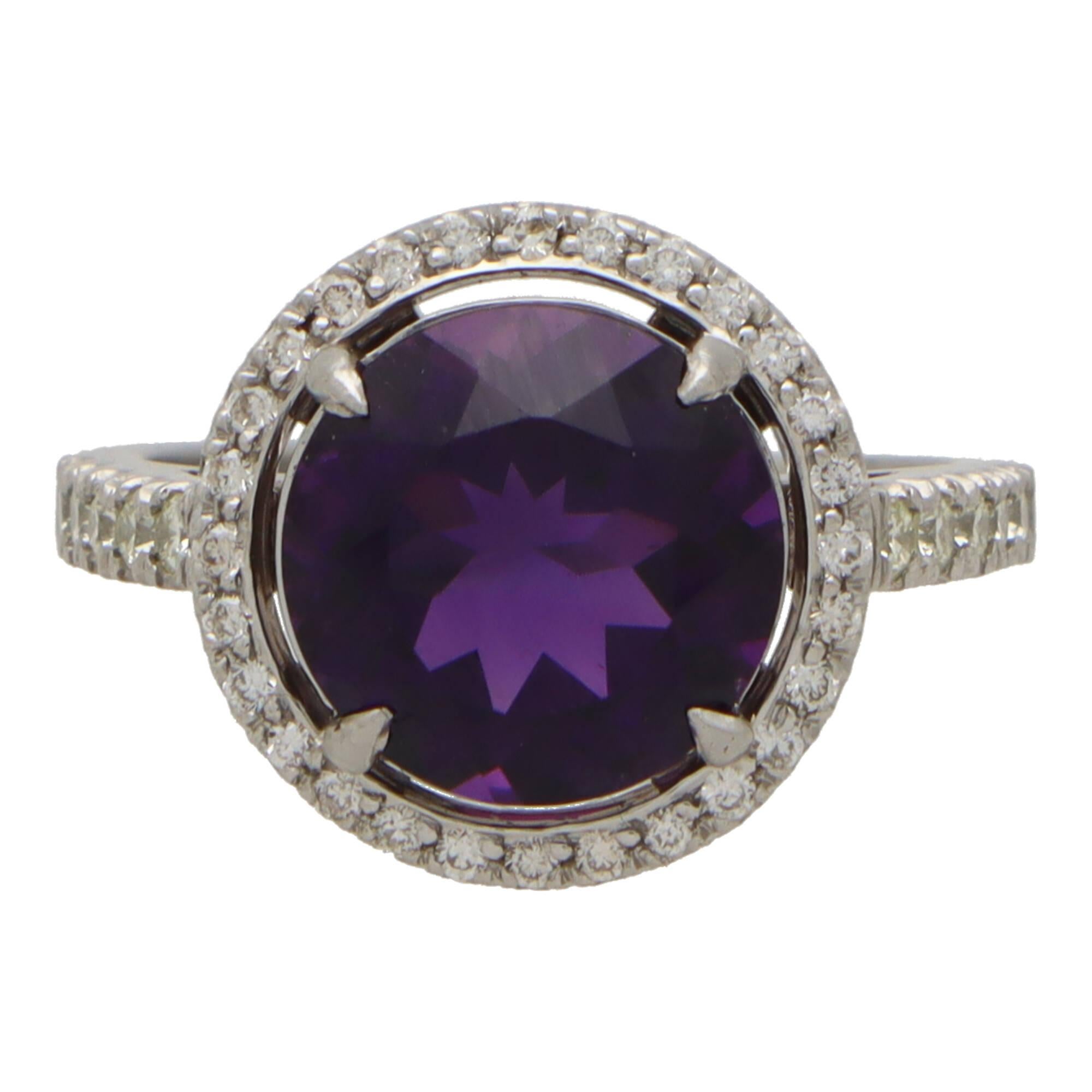 Round Cut Contemporary Amethyst and Diamond Halo Ring Set in Platinum For Sale