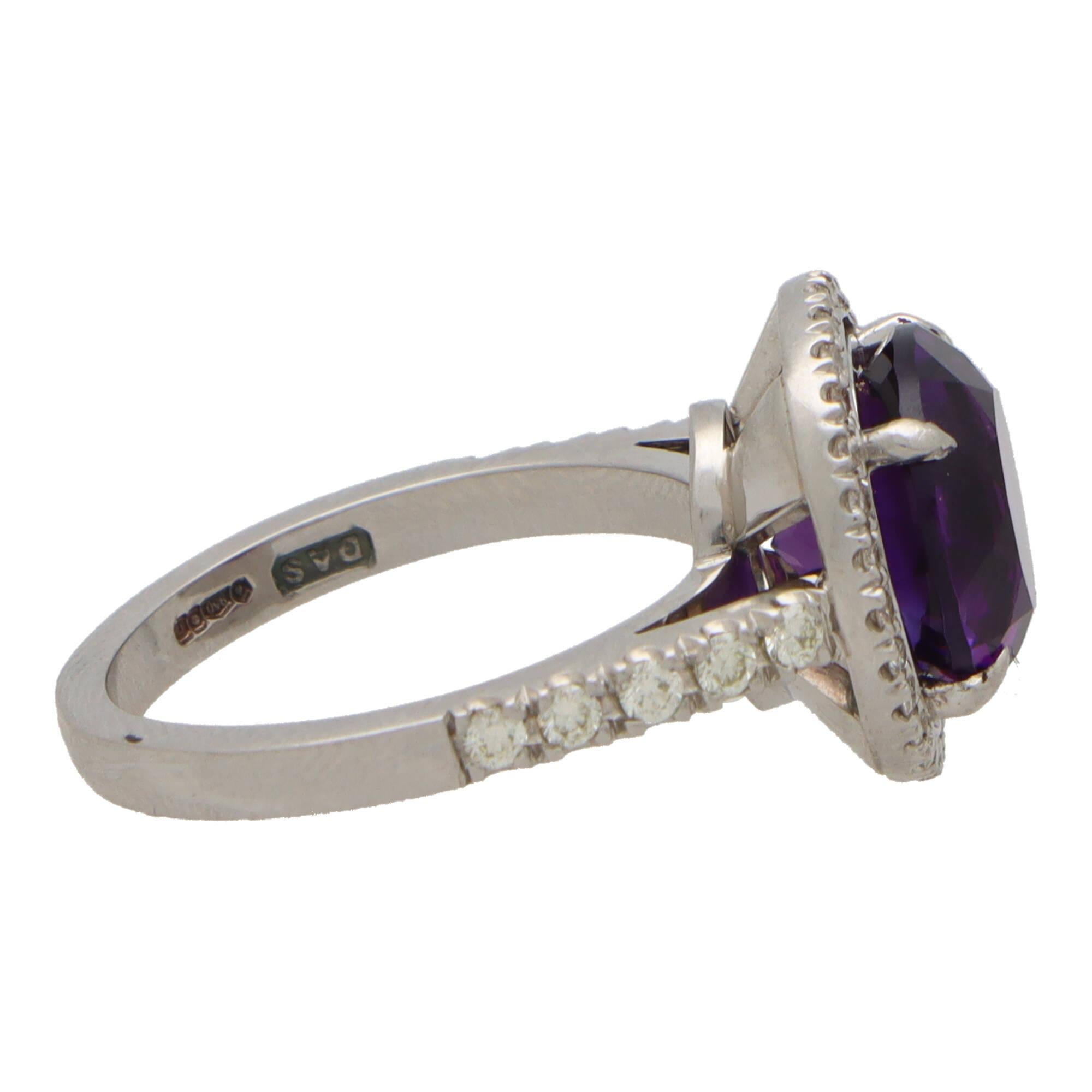 Contemporary Amethyst and Diamond Halo Ring Set in Platinum In Excellent Condition For Sale In London, GB