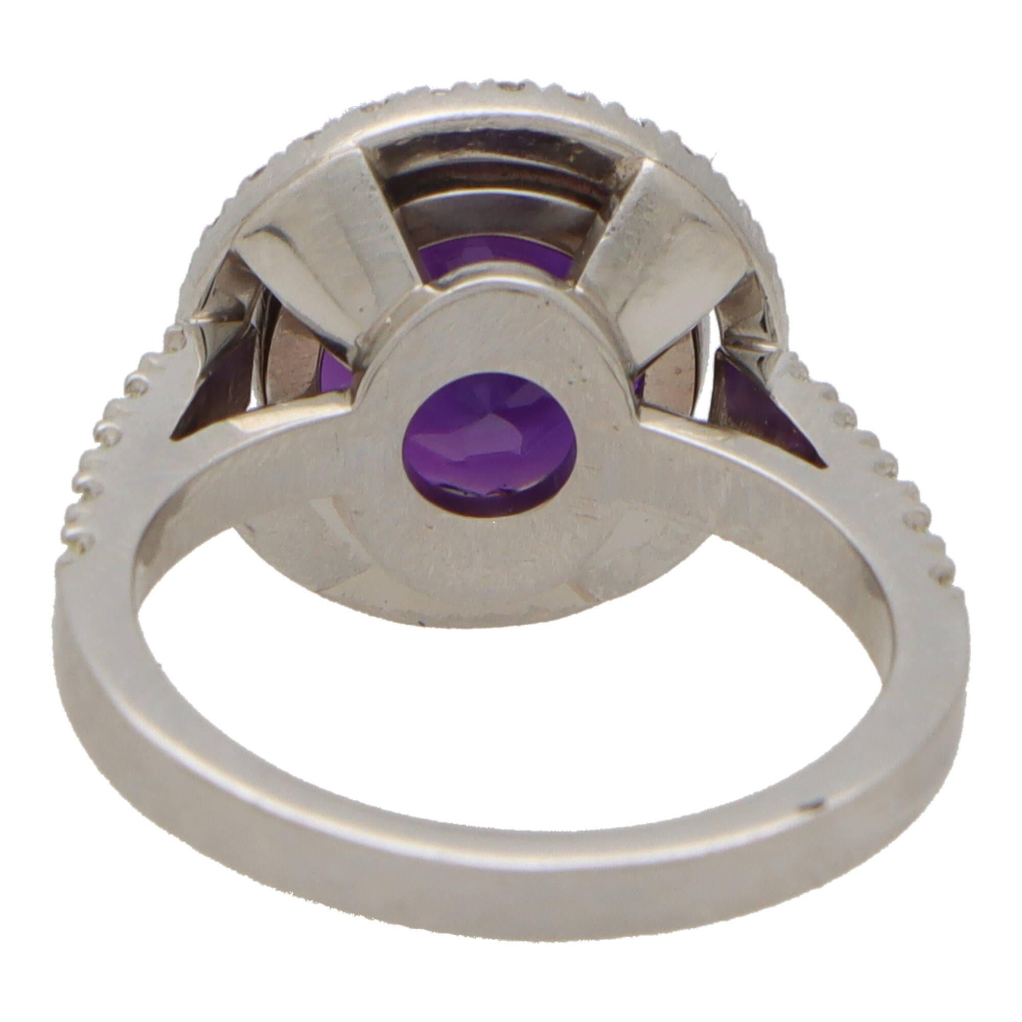Women's or Men's Contemporary Amethyst and Diamond Halo Ring Set in Platinum For Sale