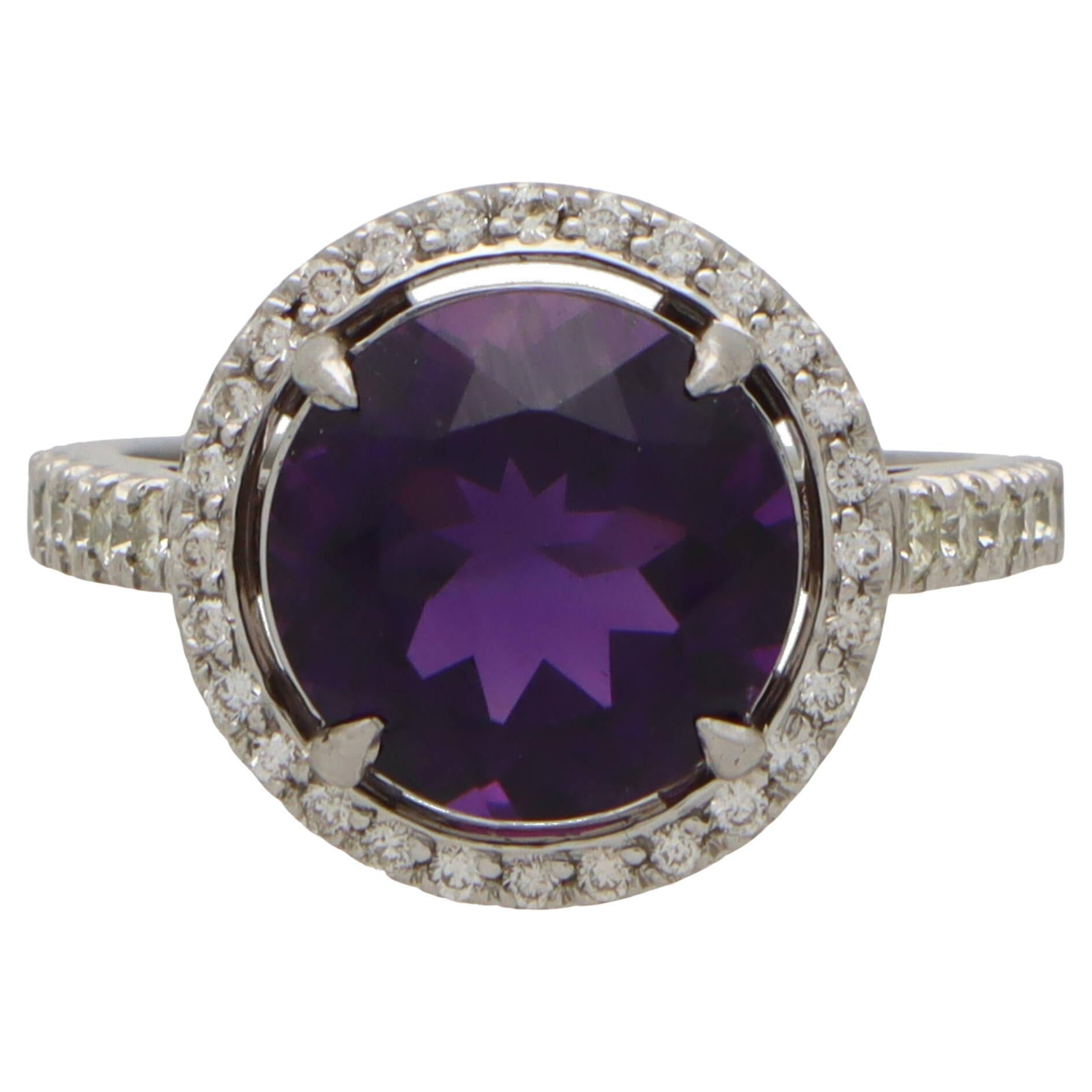 Contemporary Amethyst and Diamond Halo Ring Set in Platinum For Sale