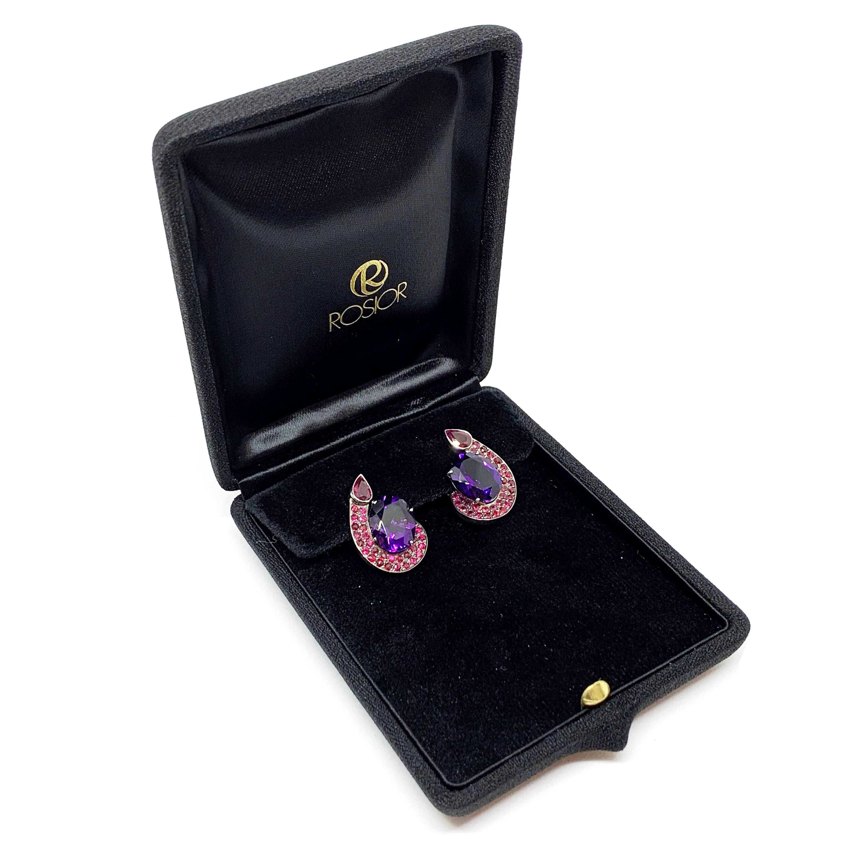 Oval Cut Contemporary Amethyst and Rubi Clip Earrings in 19.2 Karat White Gold