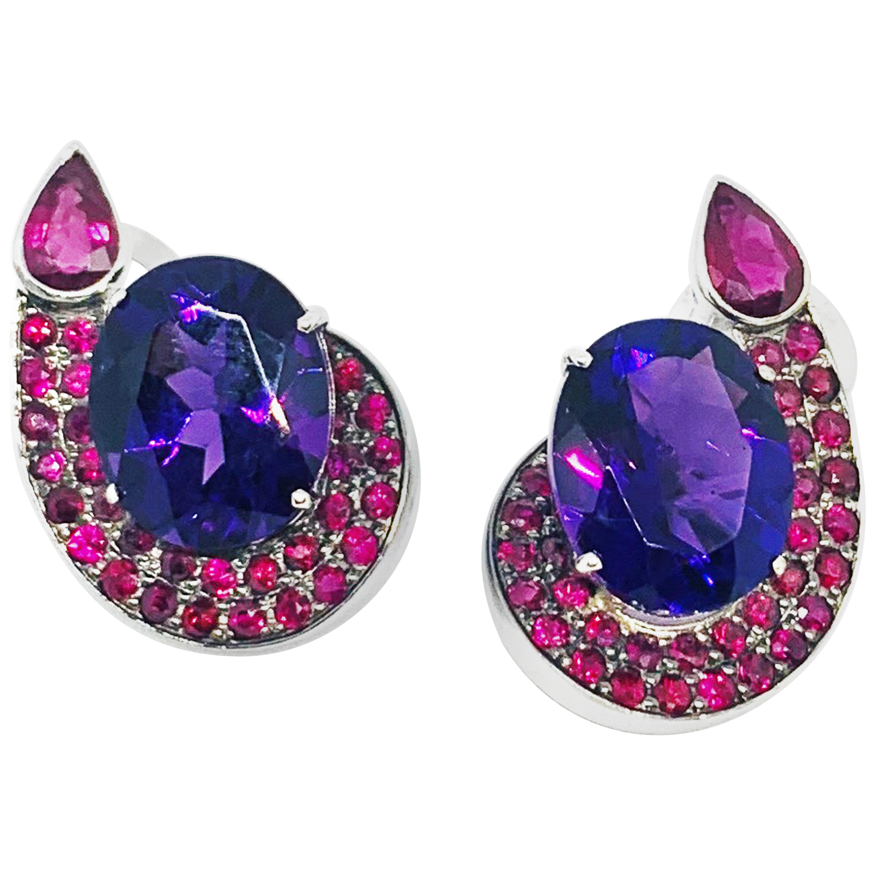 Contemporary Amethyst and Rubi Clip Earrings in 19.2 Karat White Gold