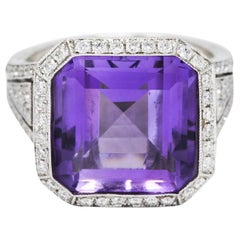 Contemporary Amethyst Diamond 18 Karat White Gold Greek Key Ring