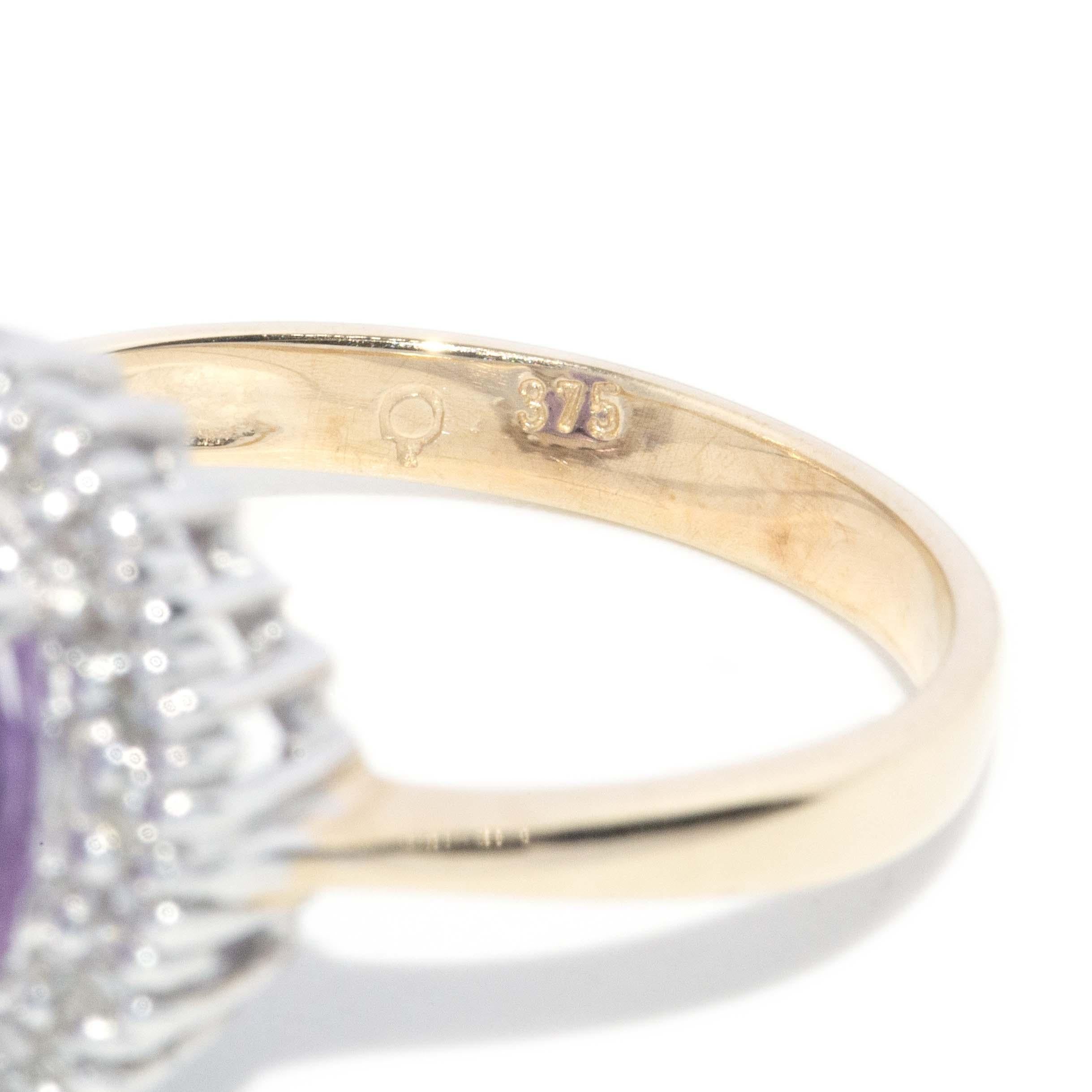 Anello aureola contemporary con ametista e diamante in oro giallo 9 carati in vendita 5