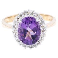Contemporary Amethyst & Diamond Halo Ring 9 Carat Yellow Gold