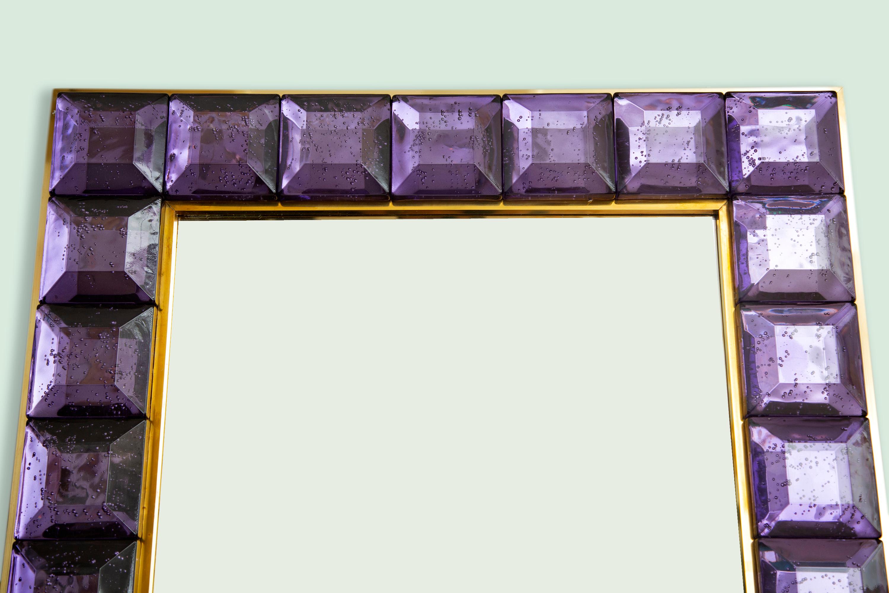 Contemporary Amethyst Diamond Murano Glass Mirror, in Stock In Excellent Condition In Miami, FL