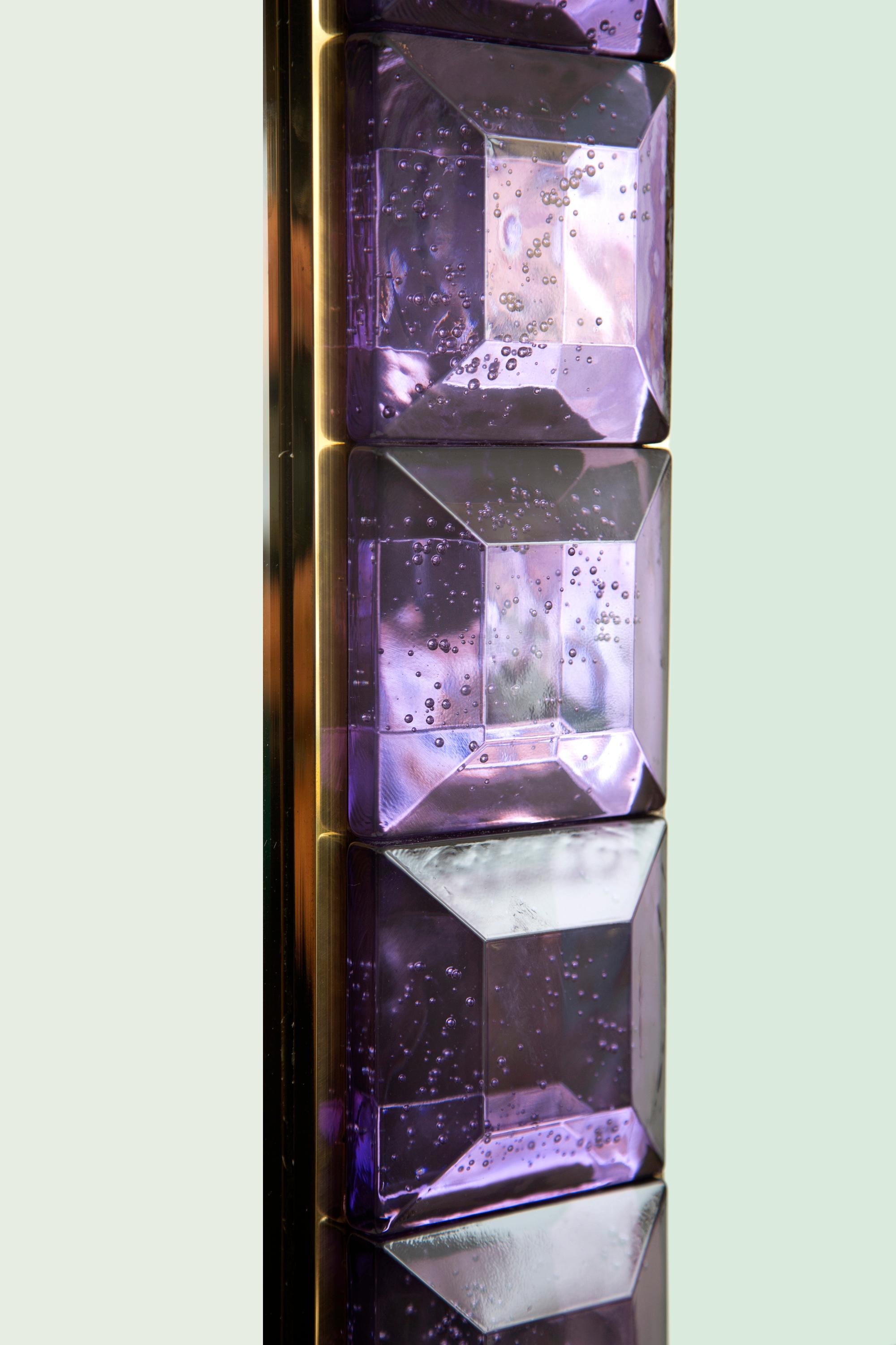 Brass Contemporary Amethyst Diamond Murano Glass Mirror, in Stock