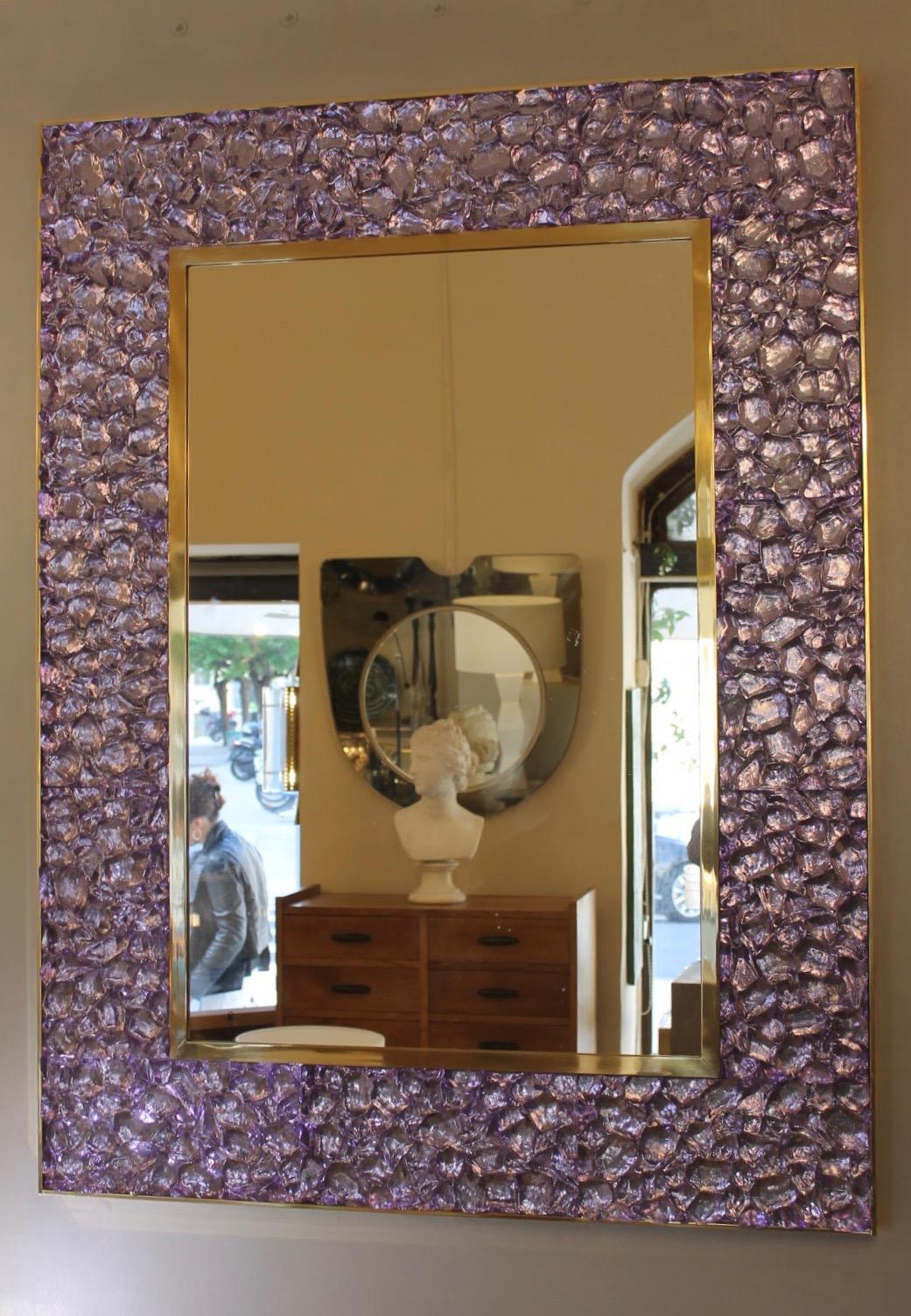 Italian Contemporary Amethyst, Murano Glass Mirror, in Stock.