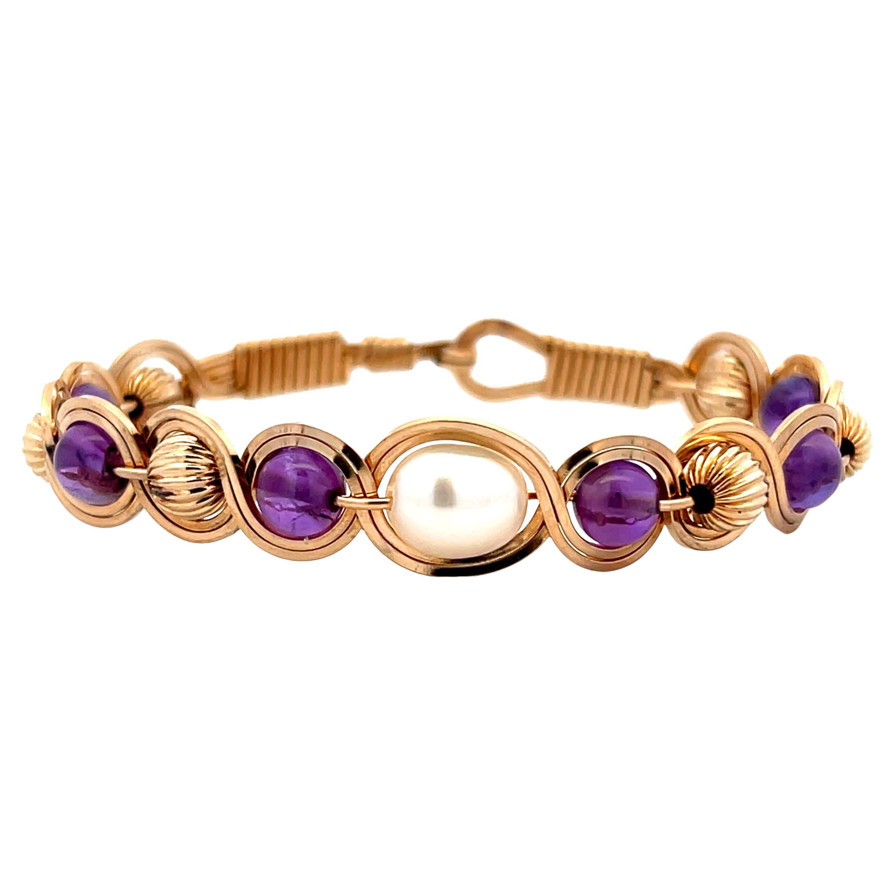 Contemporary Amethyst Pearl & Gold Bead Gold Wire Bracelet For Sale