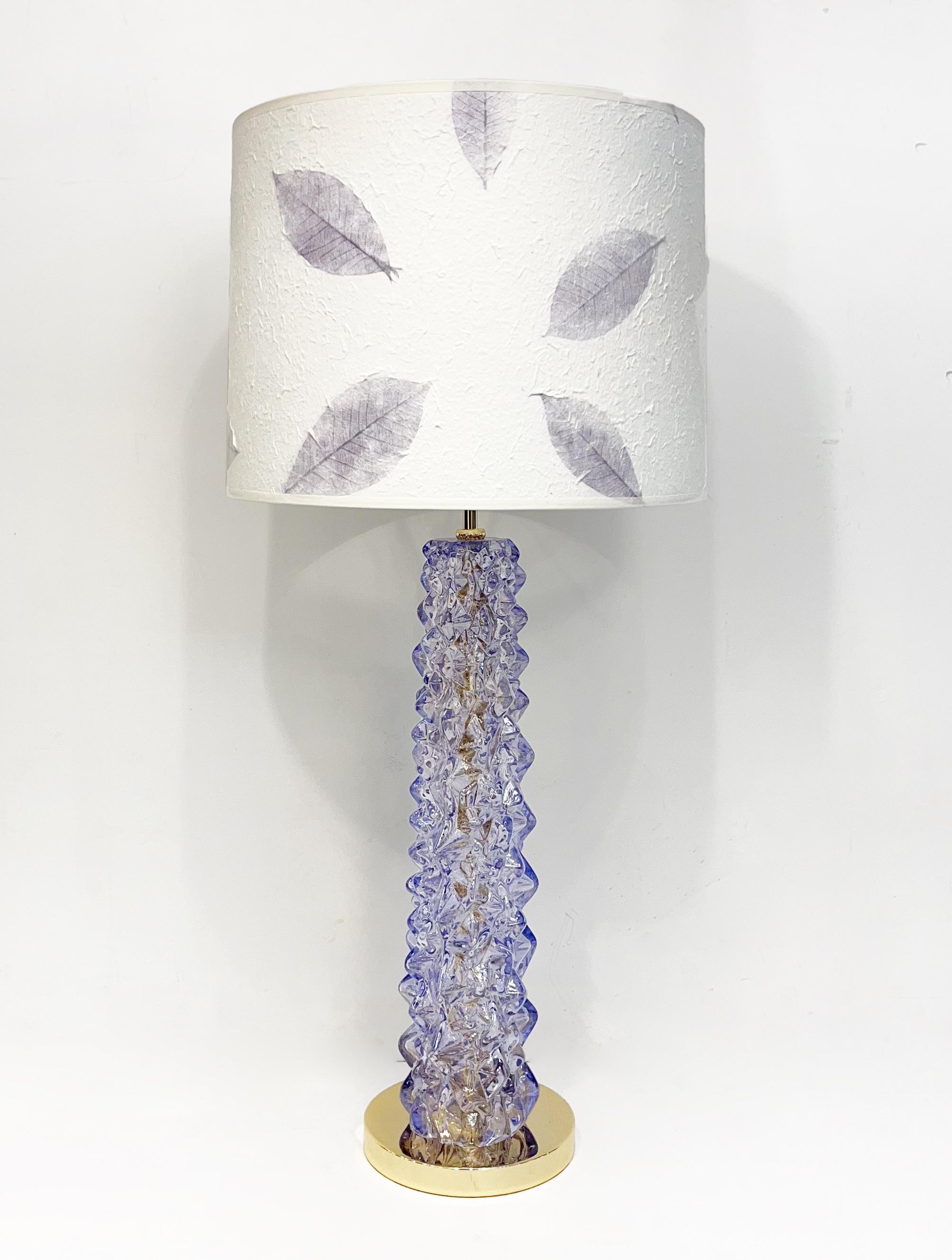 Contemporary Amethyst Purple Murano Glass Pair of Brass Lamps with Custom Shade For Sale 6