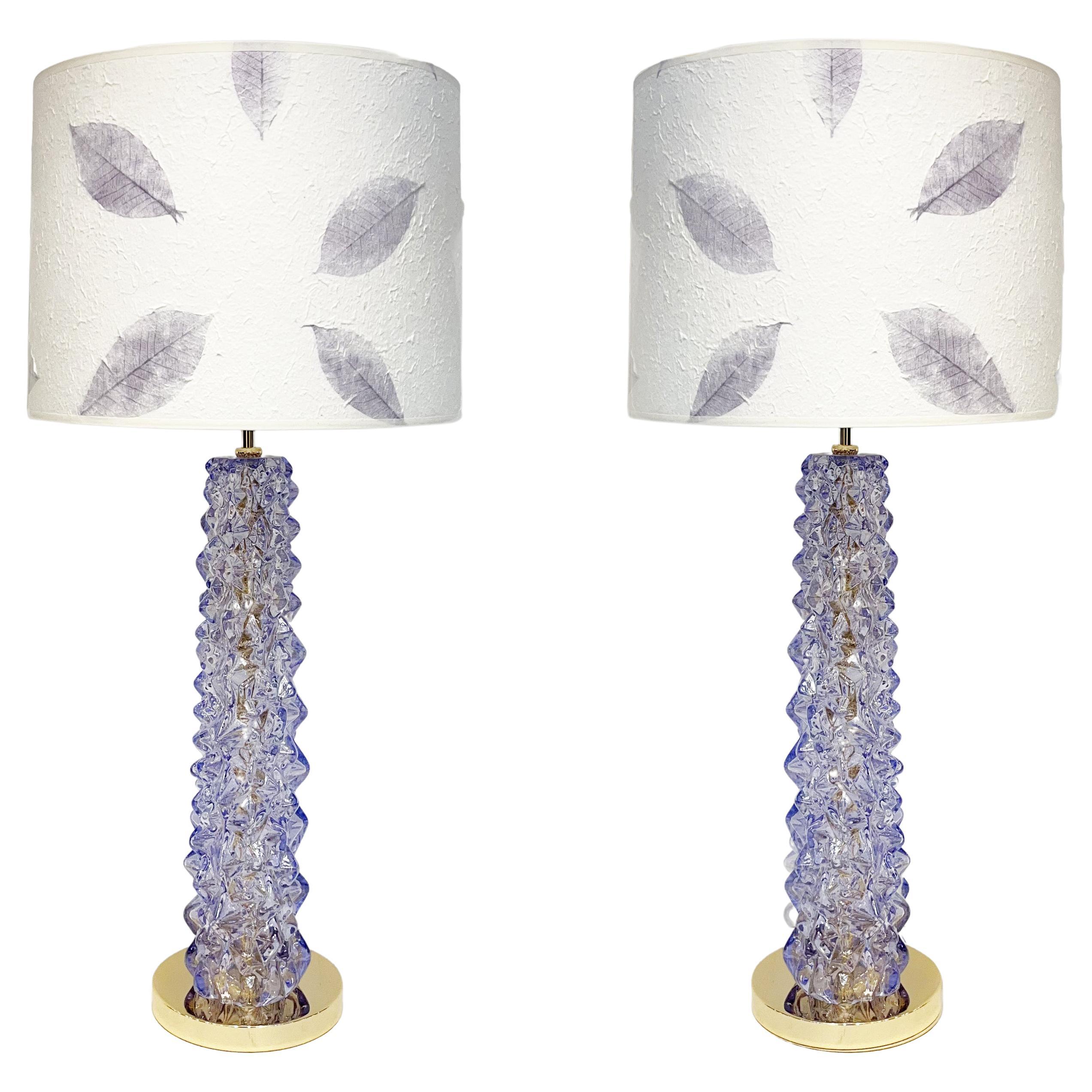 Contemporary Amethyst Purple Murano Glass Pair of Brass Lamps with Custom Shade For Sale