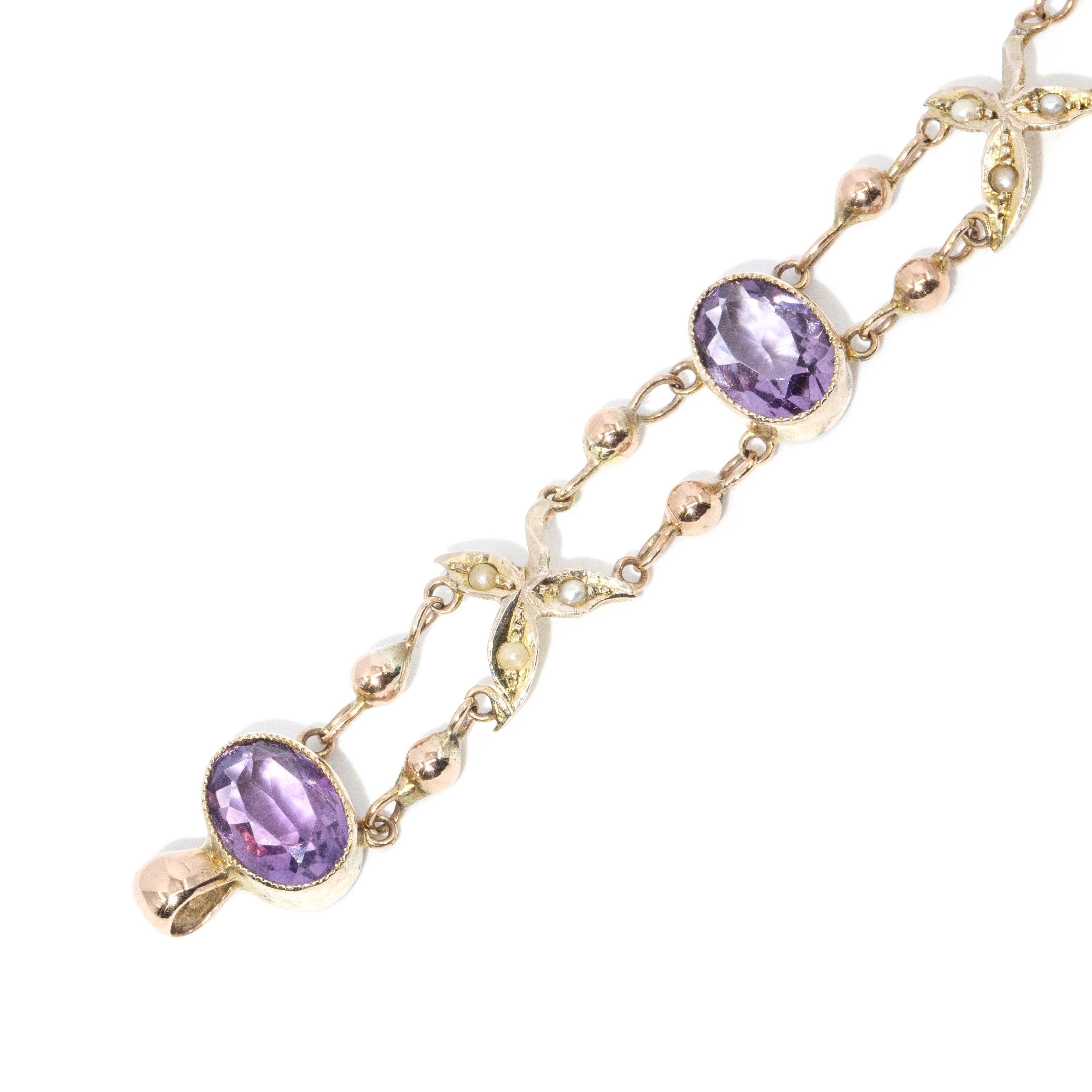 Contemporary Amethyst & Seed Pearl Bead Link Bracelet 9 Carat Yellow Gold For Sale 5