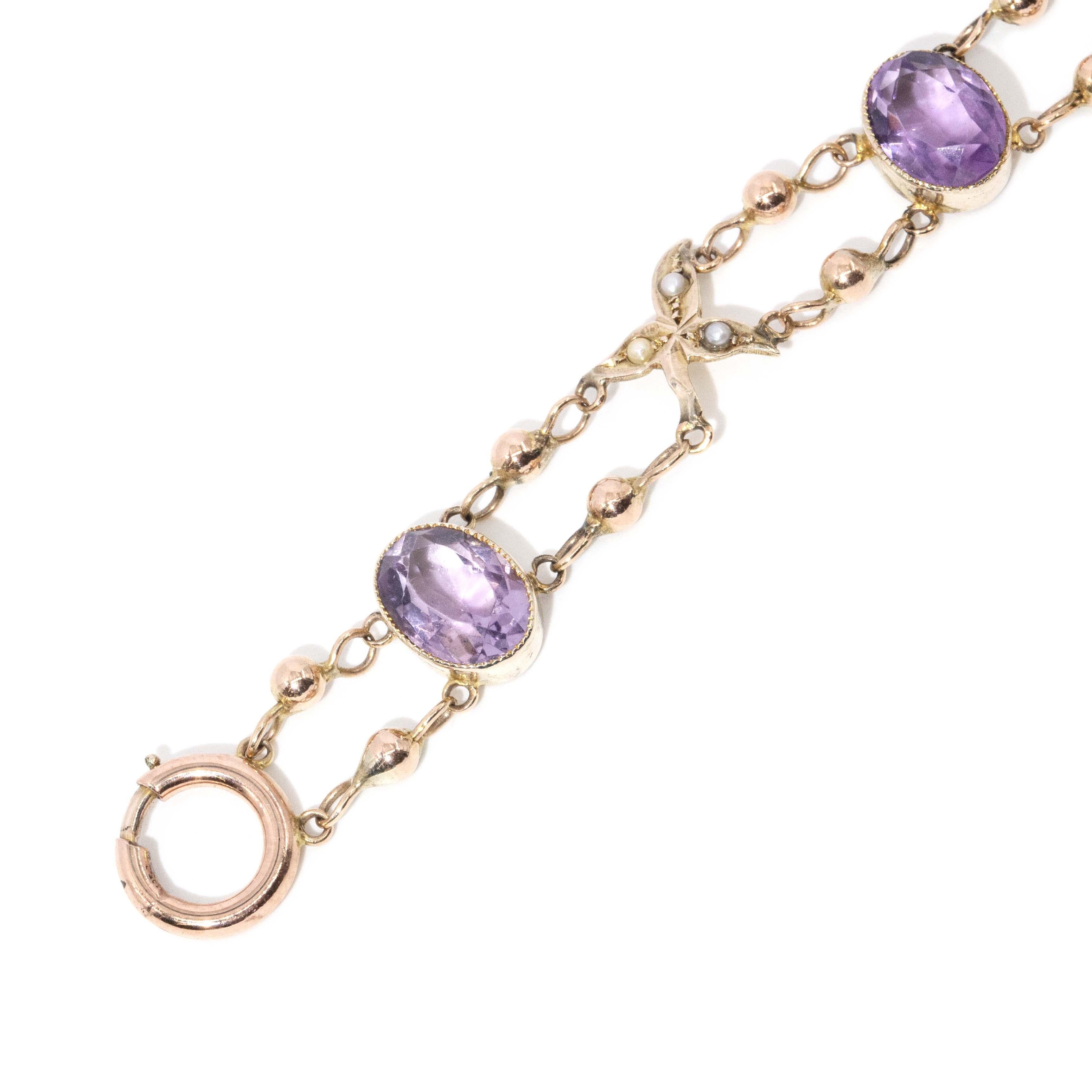 Edwardian Contemporary Amethyst & Seed Pearl Bead Link Bracelet 9 Carat Yellow Gold For Sale