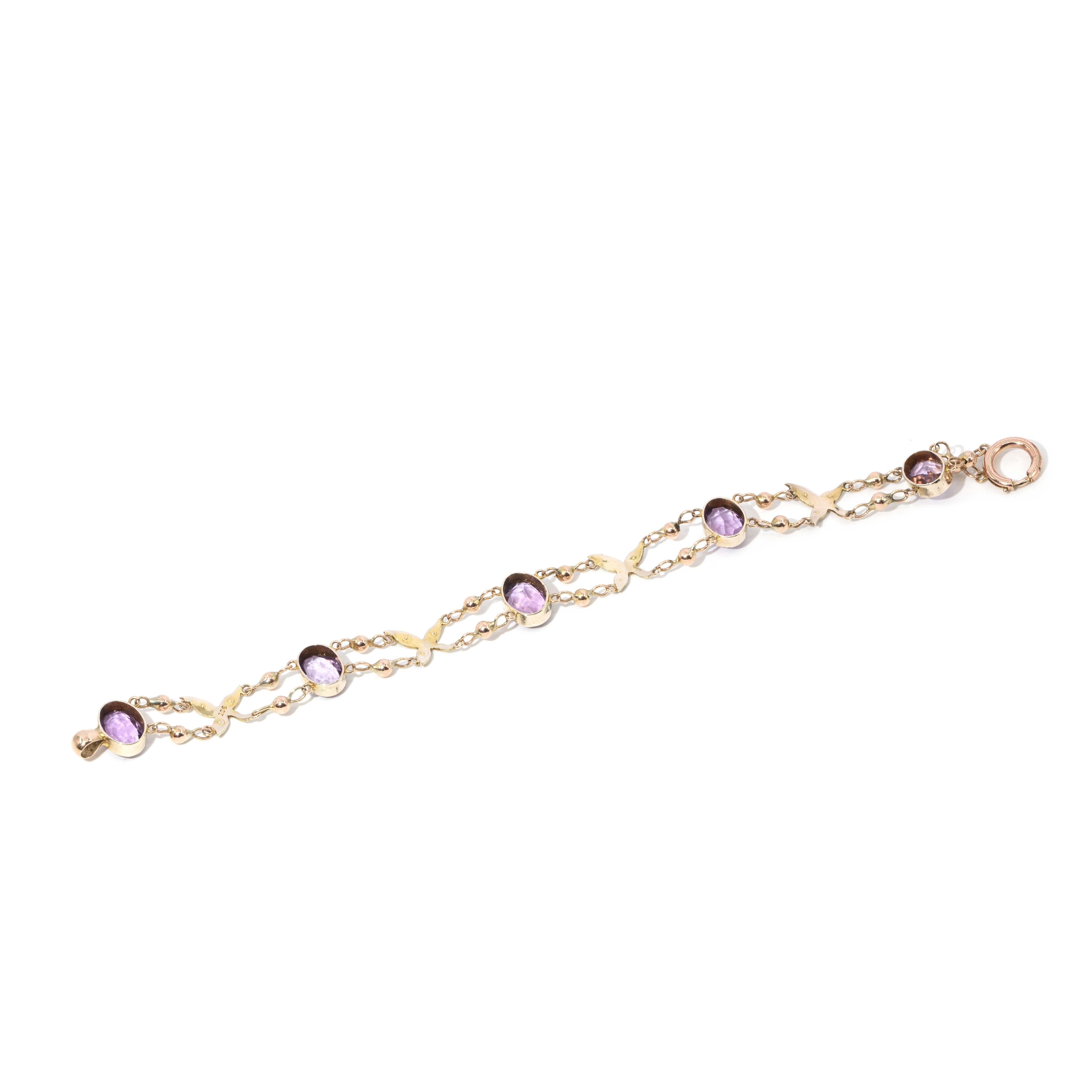 Contemporary Amethyst & Seed Pearl Bead Link Bracelet 9 Carat Yellow Gold In Good Condition For Sale In Hamilton, AU