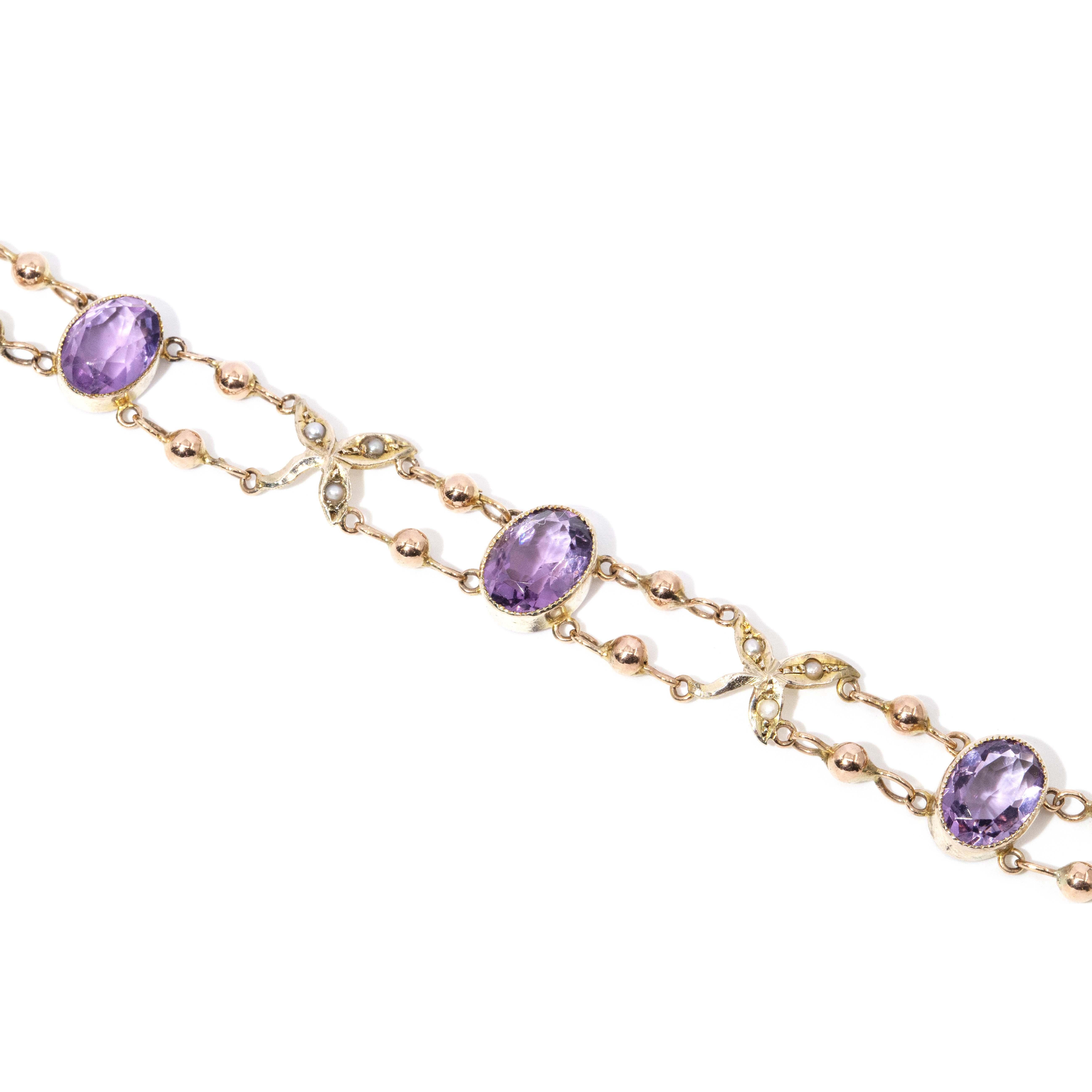 Contemporary Amethyst & Seed Pearl Bead Link Bracelet 9 Carat Yellow Gold For Sale 1
