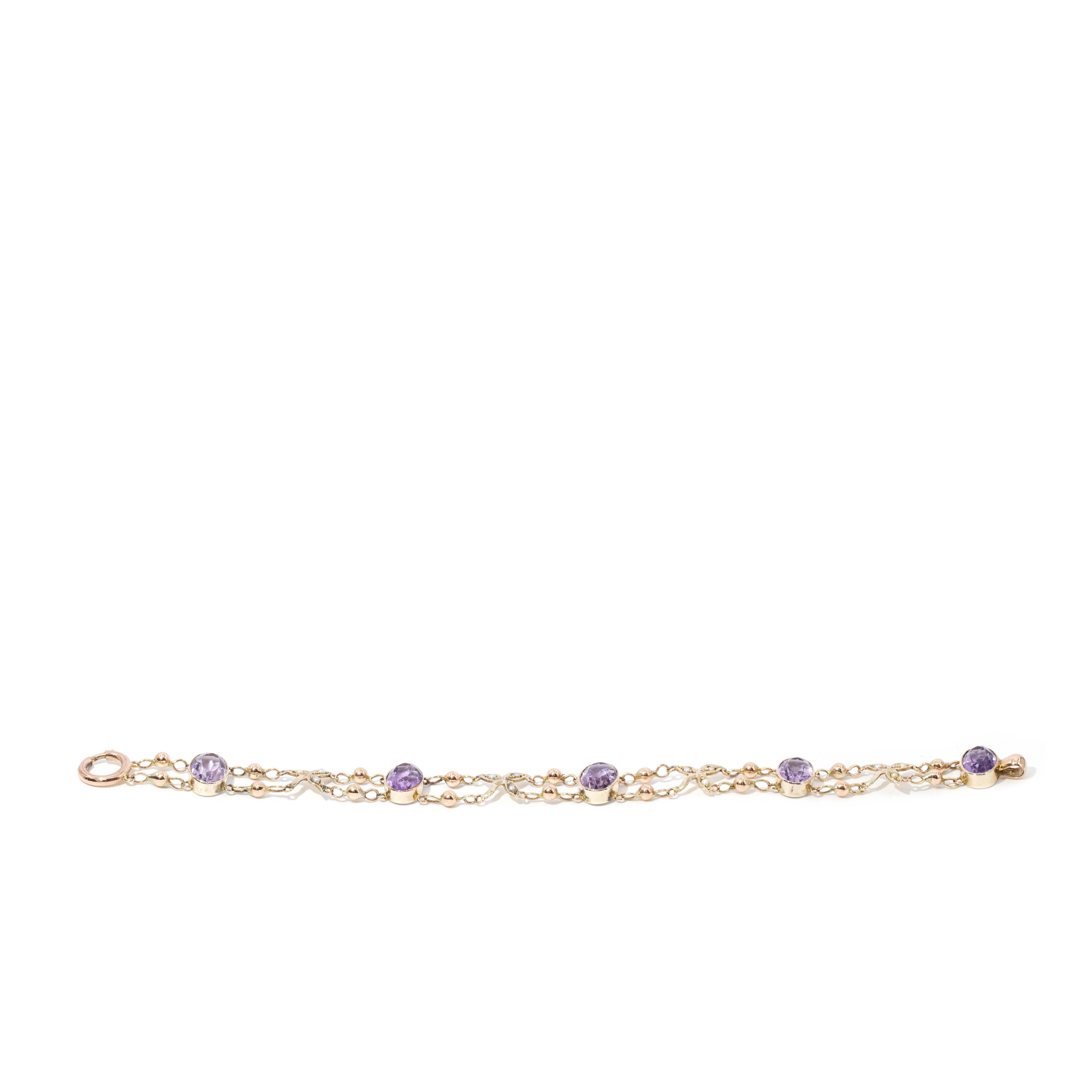 Contemporary Amethyst & Seed Pearl Bead Link Bracelet 9 Carat Yellow Gold For Sale 3