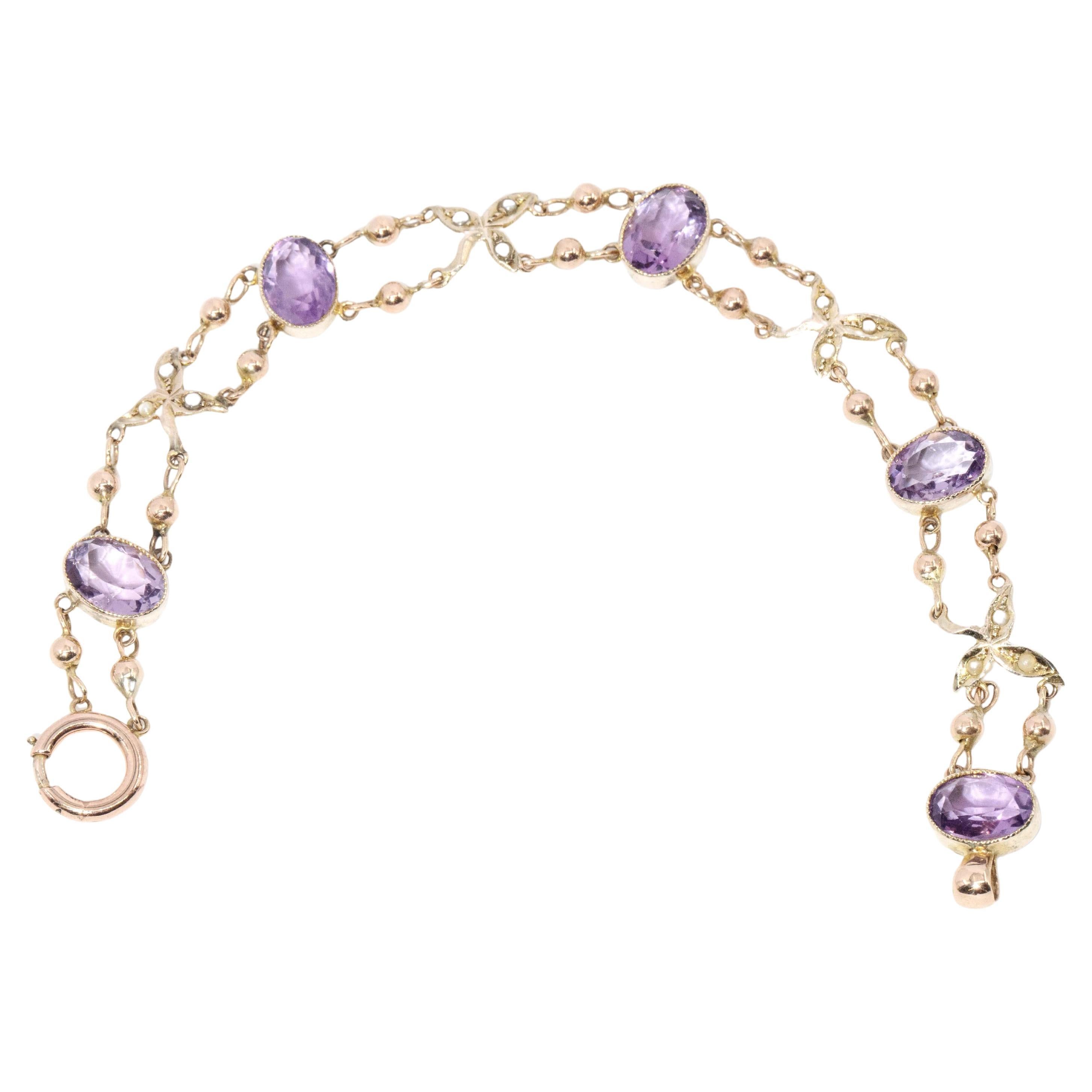 Contemporary Amethyst & Seed Pearl Bead Link Bracelet 9 Carat Yellow Gold For Sale