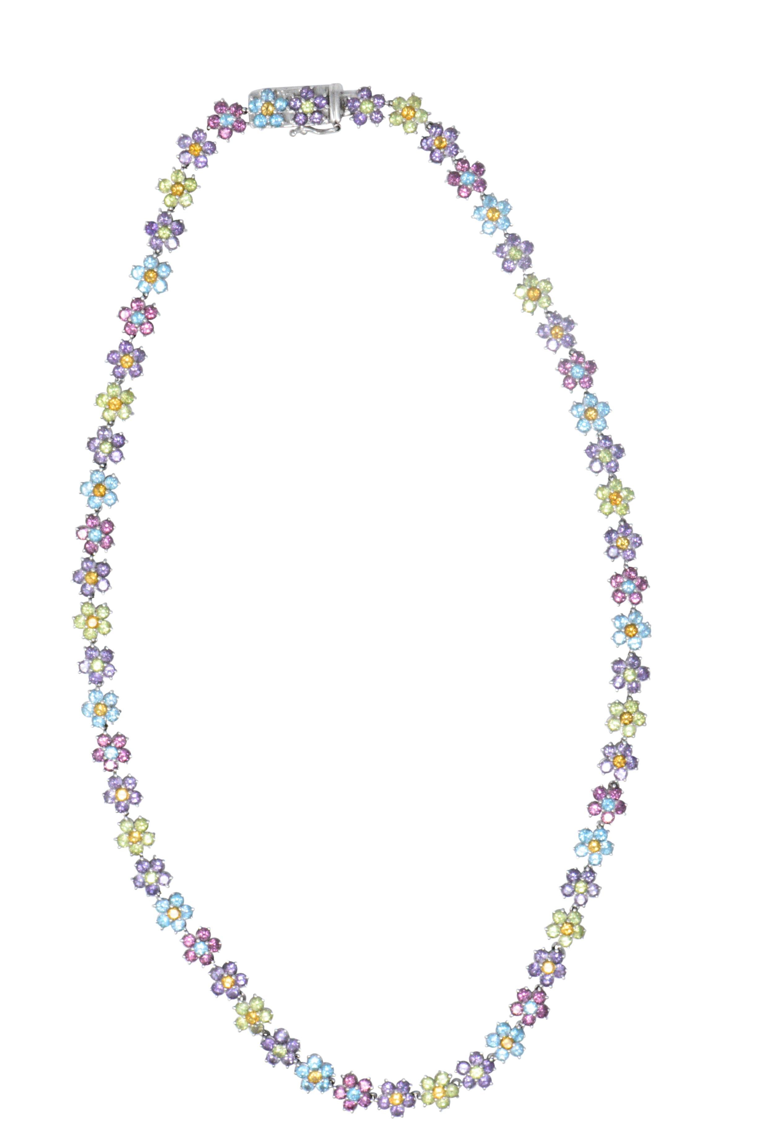 Women's or Men's Contemporary Amethyst Tourmaline Peridot 18 Karat White Gold Flower Necklace
